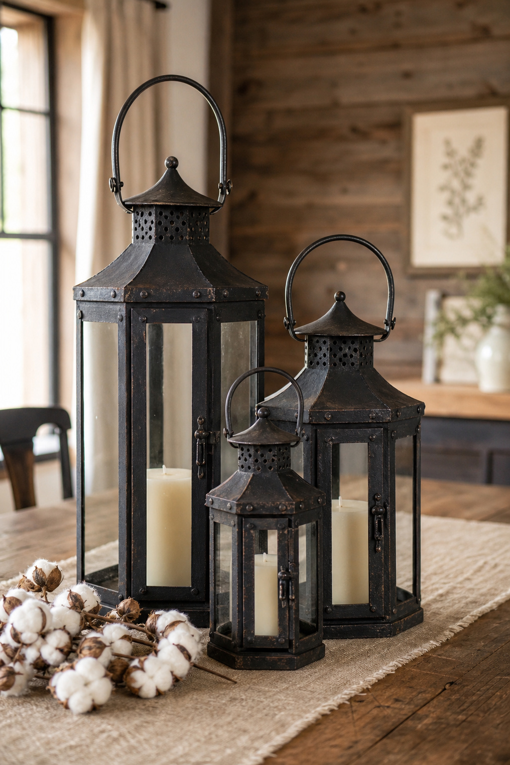 Three black iron lanterns of graduating heights grouped as a farmhouse dining table centerpiece on a linen runner, with dried cotton stem accents