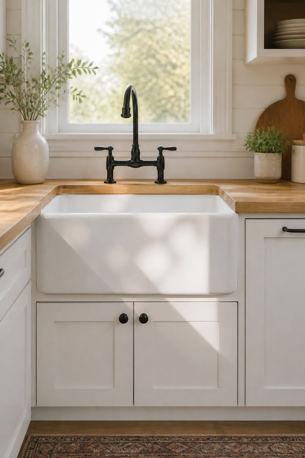 White fireclay farmhouse kitchen sink with apron front in light oak butcher block countertop and white shaker cabinets