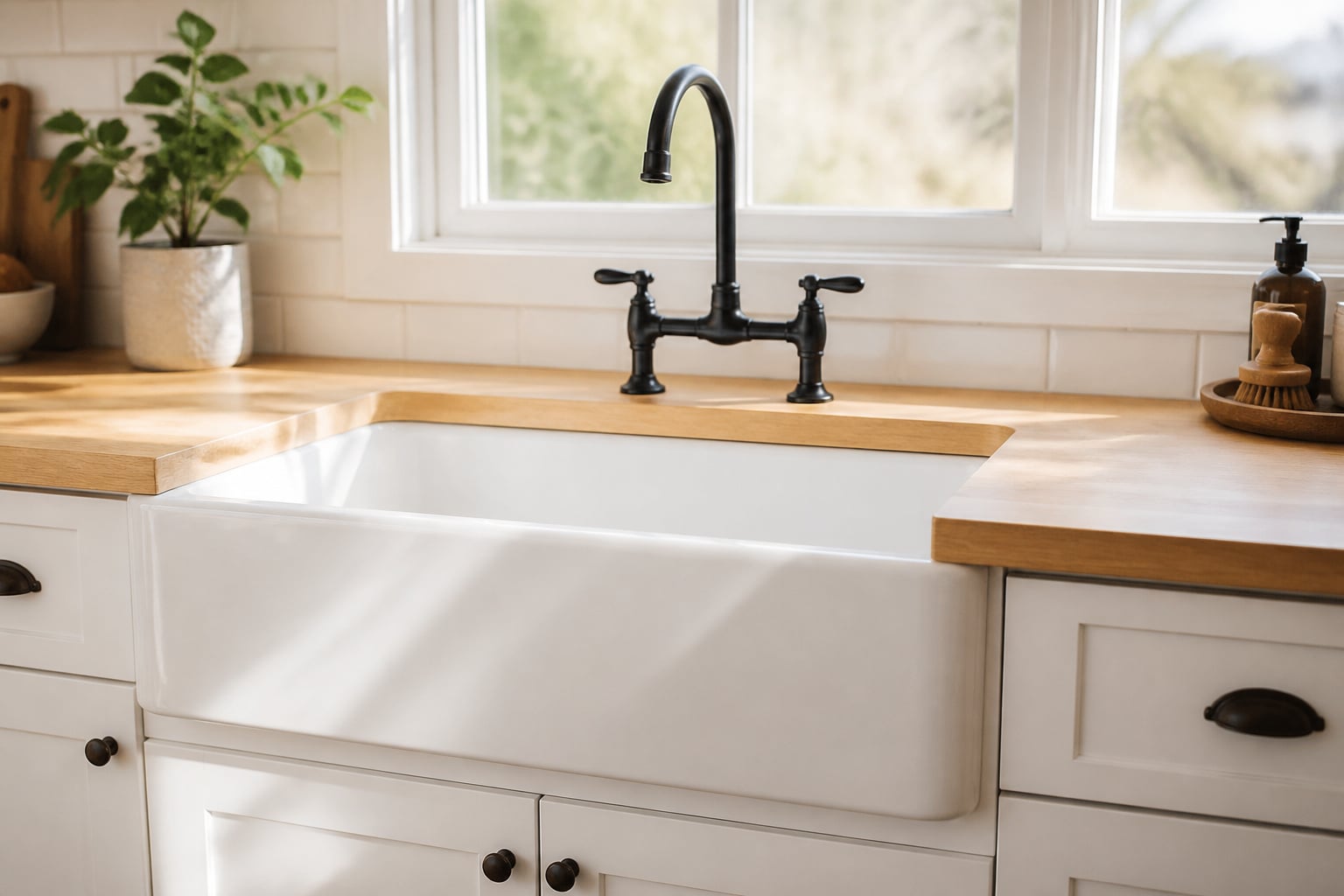 White fireclay farmhouse kitchen sink with apron front in light oak butcher block countertop and white shaker cabinets