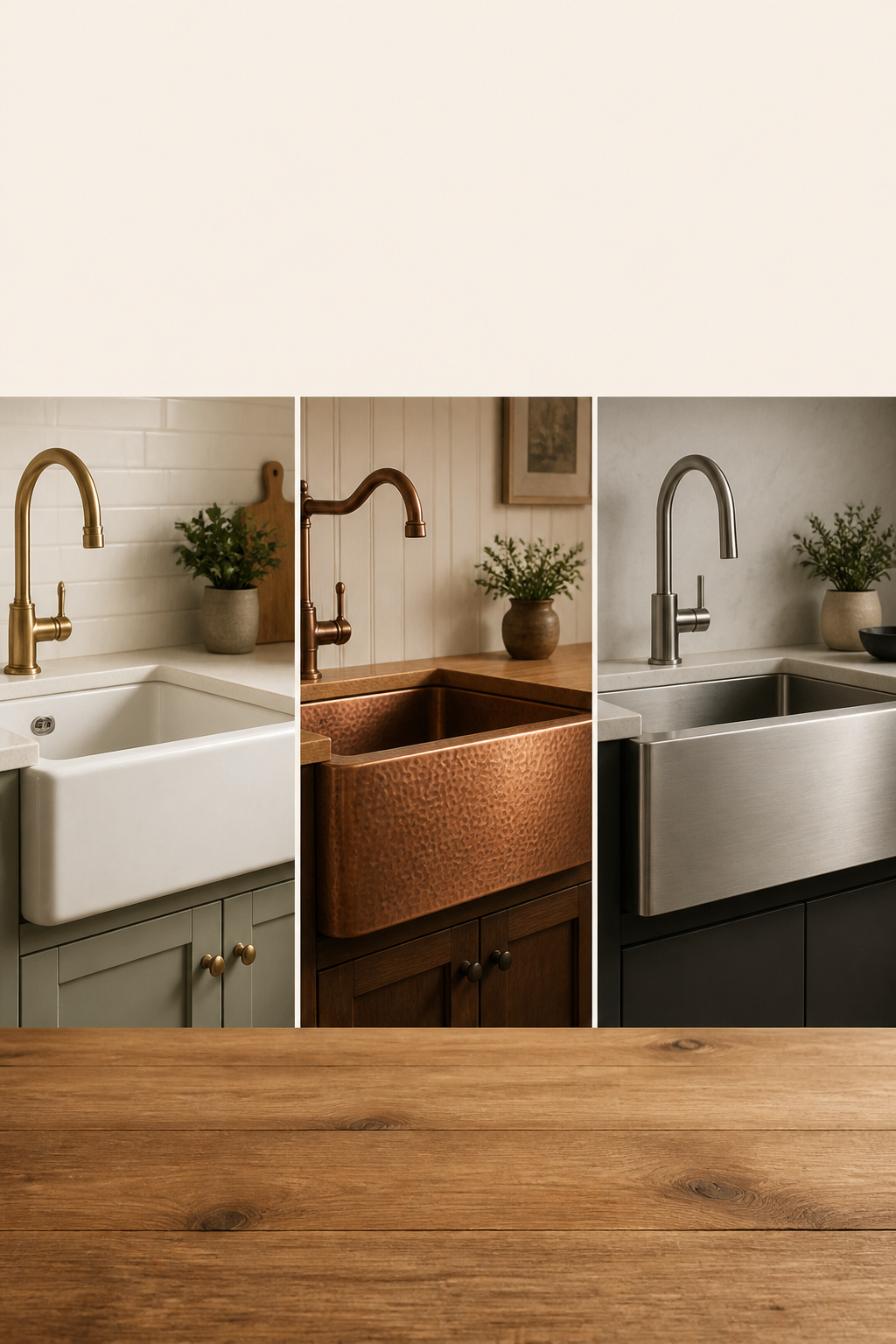Farmhouse kitchen sink buyer guide collage showing fireclay, copper, and stainless steel apron-front options