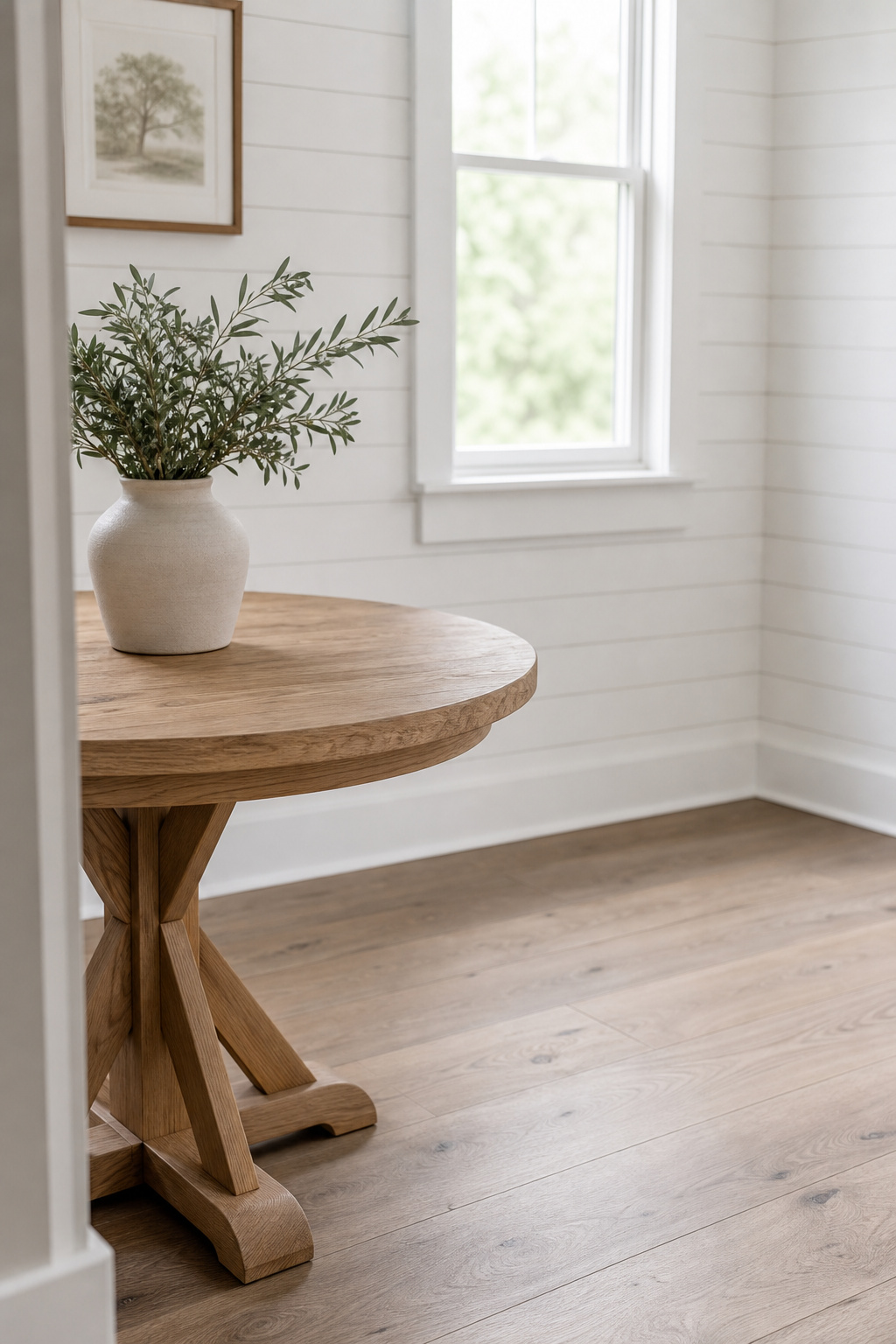 Top-down view of a compact farmhouse dining nook showing clear floor space around a small round oak table against a white shiplap wall