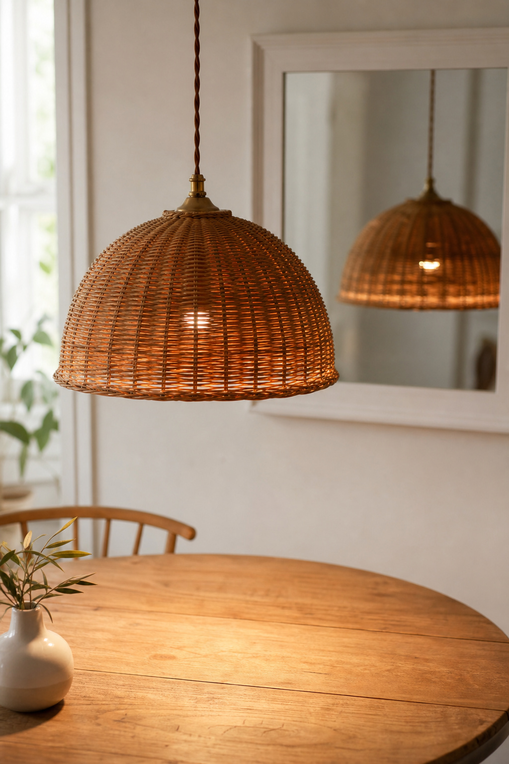 Rattan pendant light above a round farmhouse dining table with its reflection in a white-framed wall mirror in a compact dining nook
