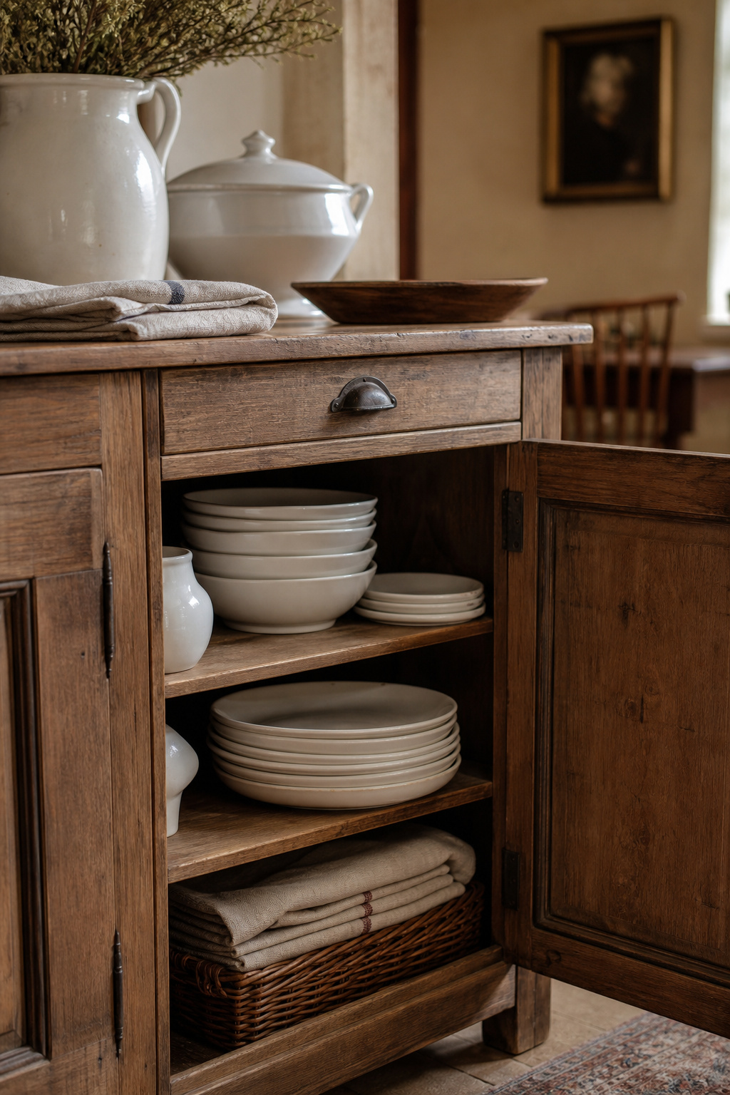 Farmhouse sideboard cabinet door open showing stacked white dinnerware on shelves, folded linens and a woven basket in lower storage section