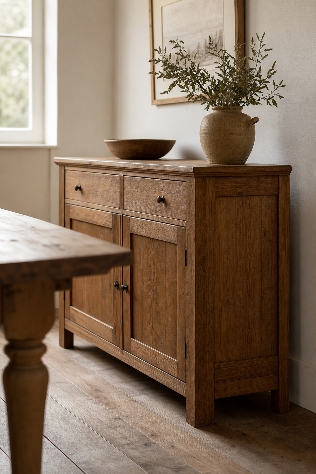 Solid oak farmhouse sideboard proportioned at roughly two-thirds the dining table's length, showing panel-door joinery and warm wood grain