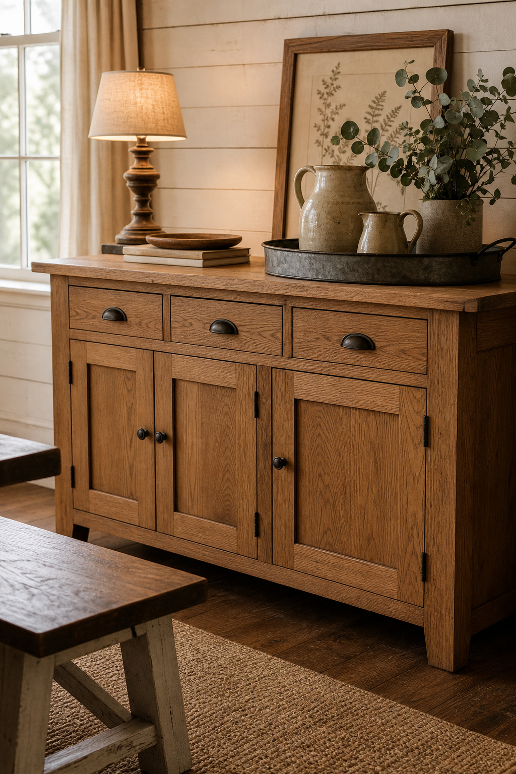 Solid oak farmhouse sideboard with galvanised tray, stoneware pitchers and eucalyptus sprig displayed on the surface against a shiplap wall