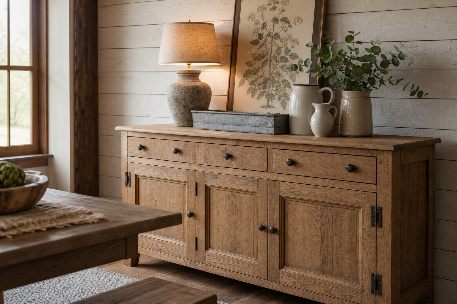 Solid oak farmhouse sideboard with galvanised tray, stoneware pitchers and eucalyptus sprig displayed on the surface against a shiplap wall