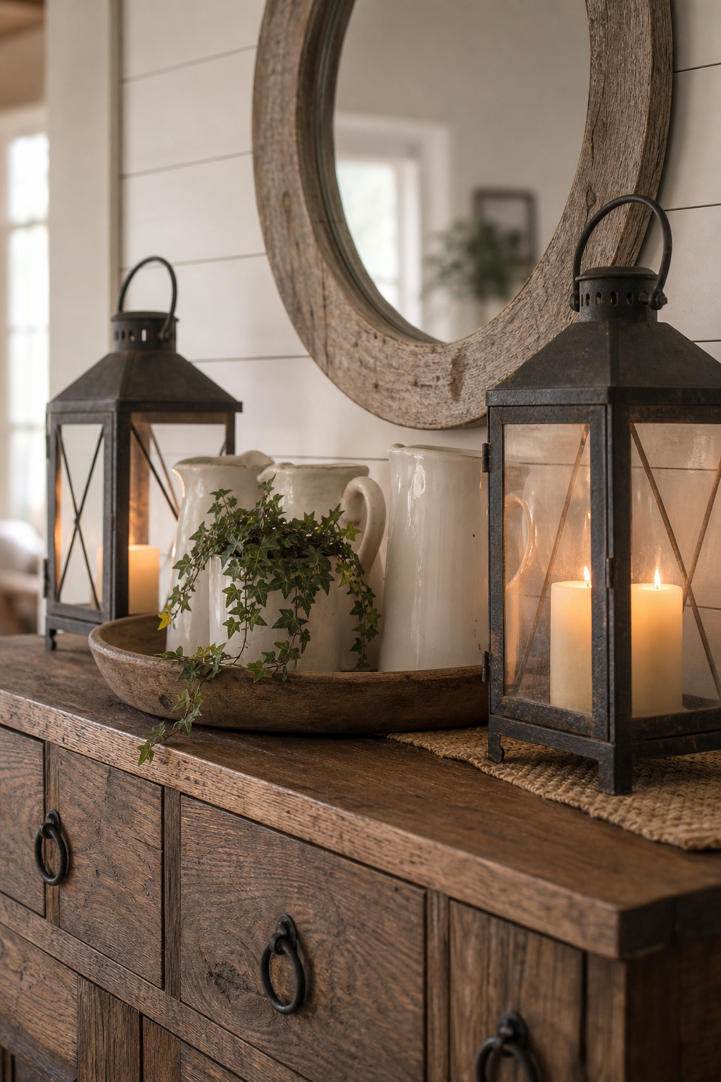 A reclaimed-oak farmhouse sideboard styled with two iron lanterns, ironstone pitchers on a tray, and a small trailing ivy plant, set against a white shiplap wall with a round distressed-wood mirror