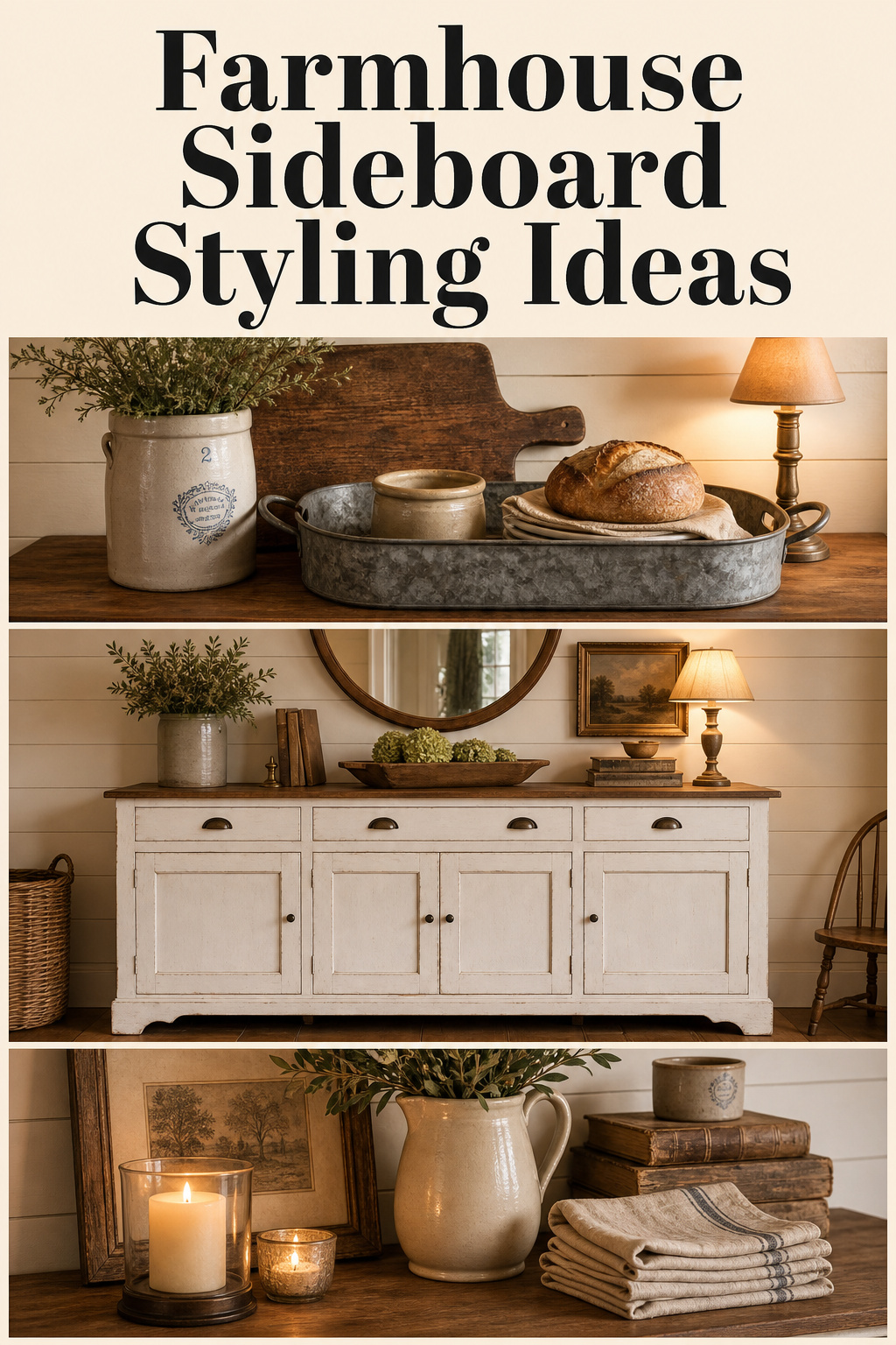 Three-panel Pinterest collage showing farmhouse sideboard surface styling ideas including trays, pitchers, mirrors and layered displays