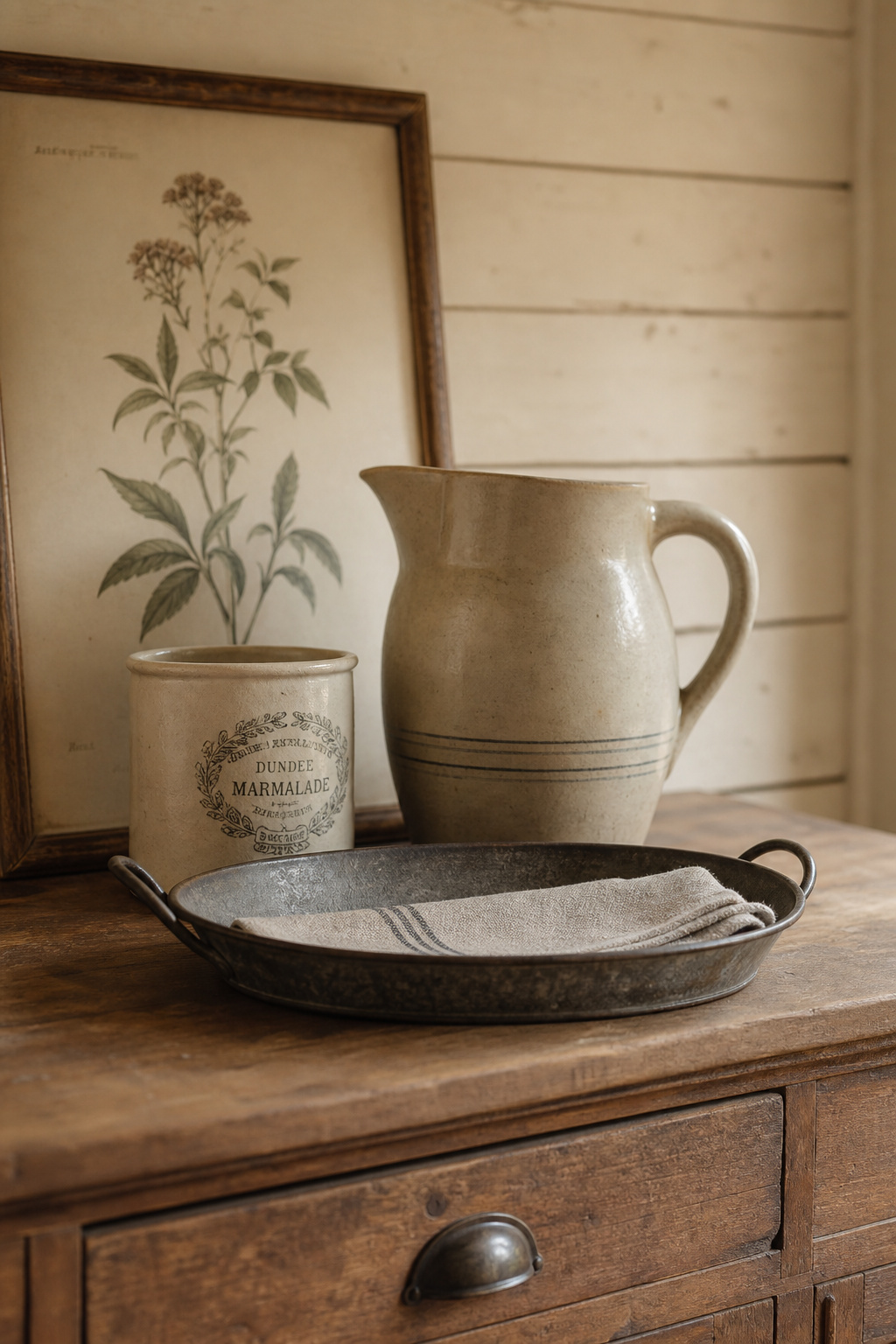 Farmhouse sideboard surface showing three-layer styling with leaning botanical print at back, stoneware pitcher in middle, and galvanised tray at front