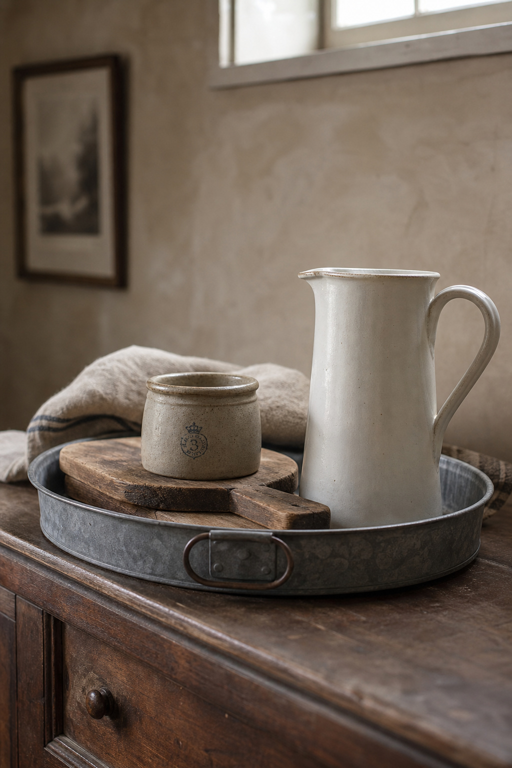 Farmhouse sideboard surface with galvanised tray, wooden breadboard, stoneware crock and white ironstone pitcher arranged as a styled display