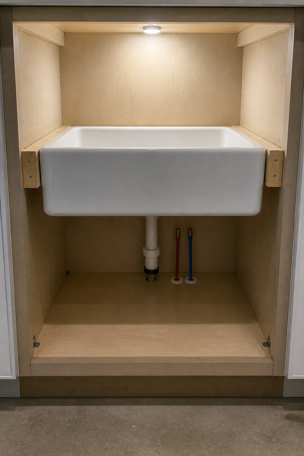 Interior view of a base cabinet showing a 2x4 horizontal ledger board supporting a fireclay farmhouse sink before countertop installation