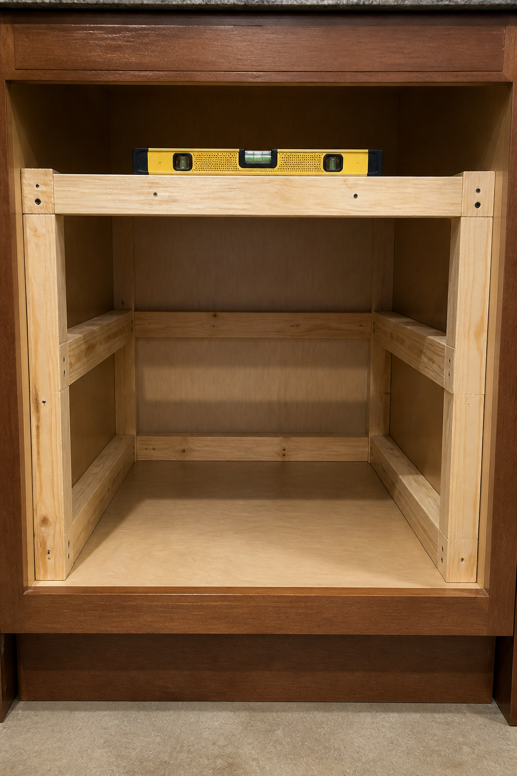 Interior of base cabinet showing 2x4 support frame built to hold a farmhouse sink