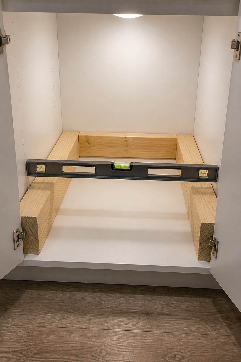 2x4 lumber support frame inside a base cabinet for farmhouse sink installation, showing level bubble centred on spirit level resting across the rails