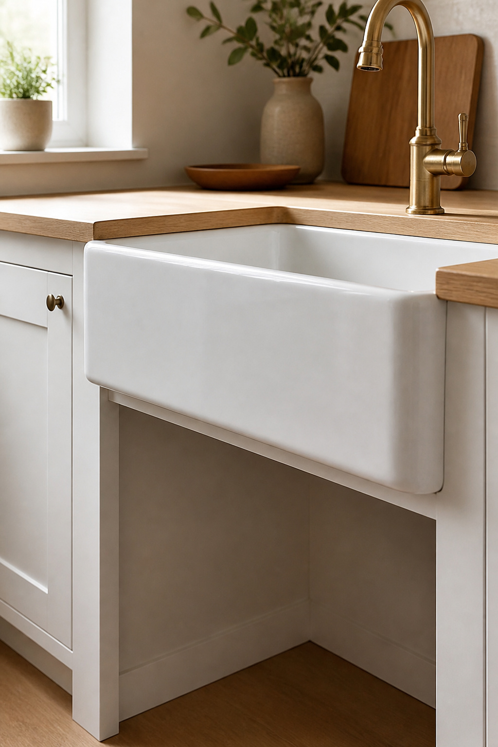 White fireclay farmhouse sink apron face extending beyond base cabinet edge with open cabinet below