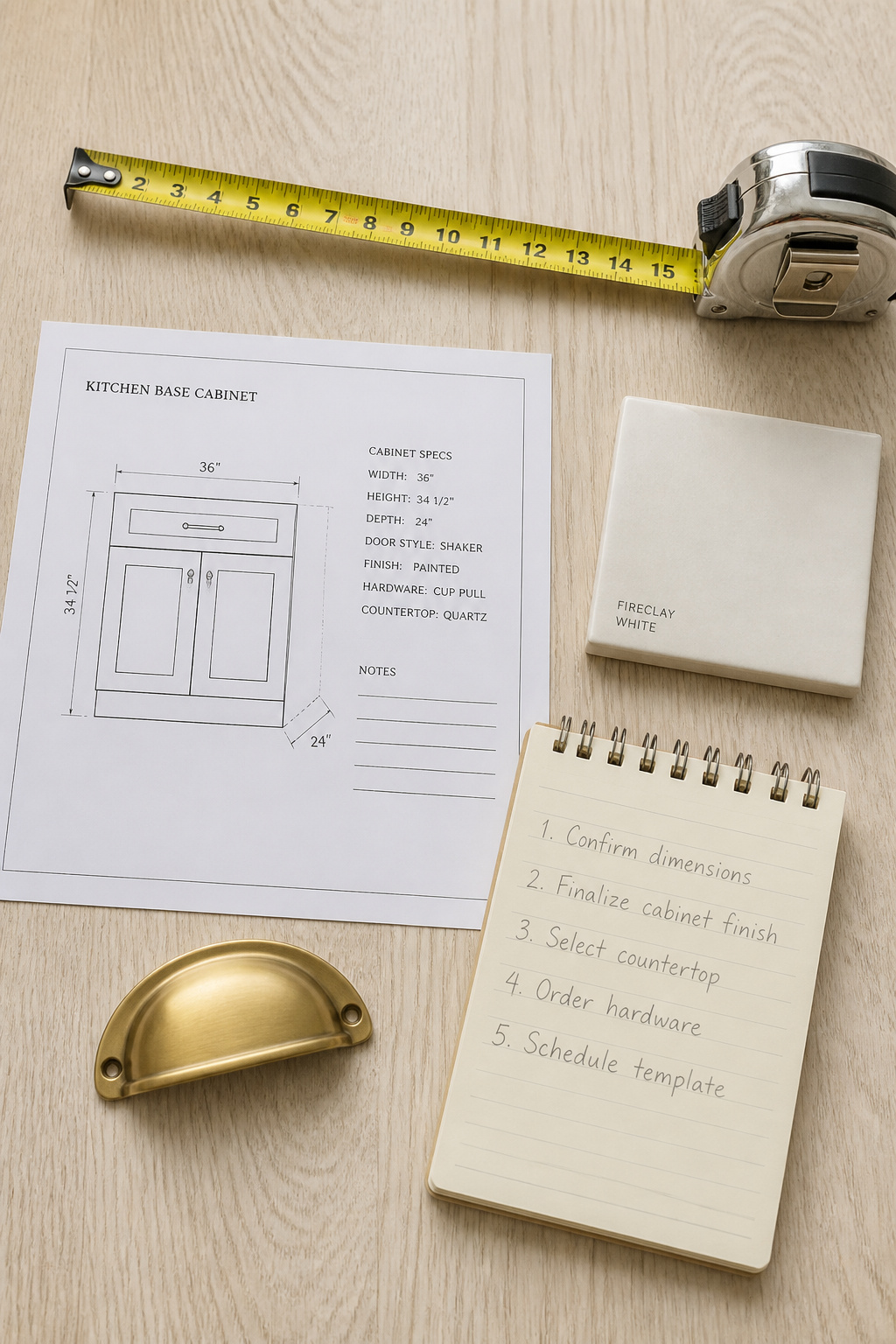 Farmhouse sink buying checklist flat lay with measuring tape, spec sheet, material swatch and hardware
