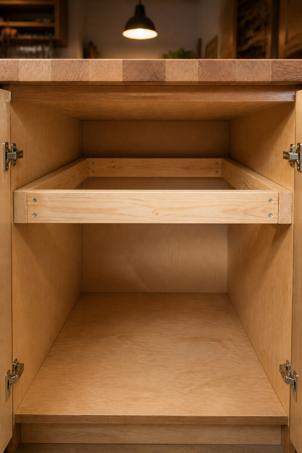 Base cabinet interior showing 2x4 support ledger frame for farmhouse sink weight support
