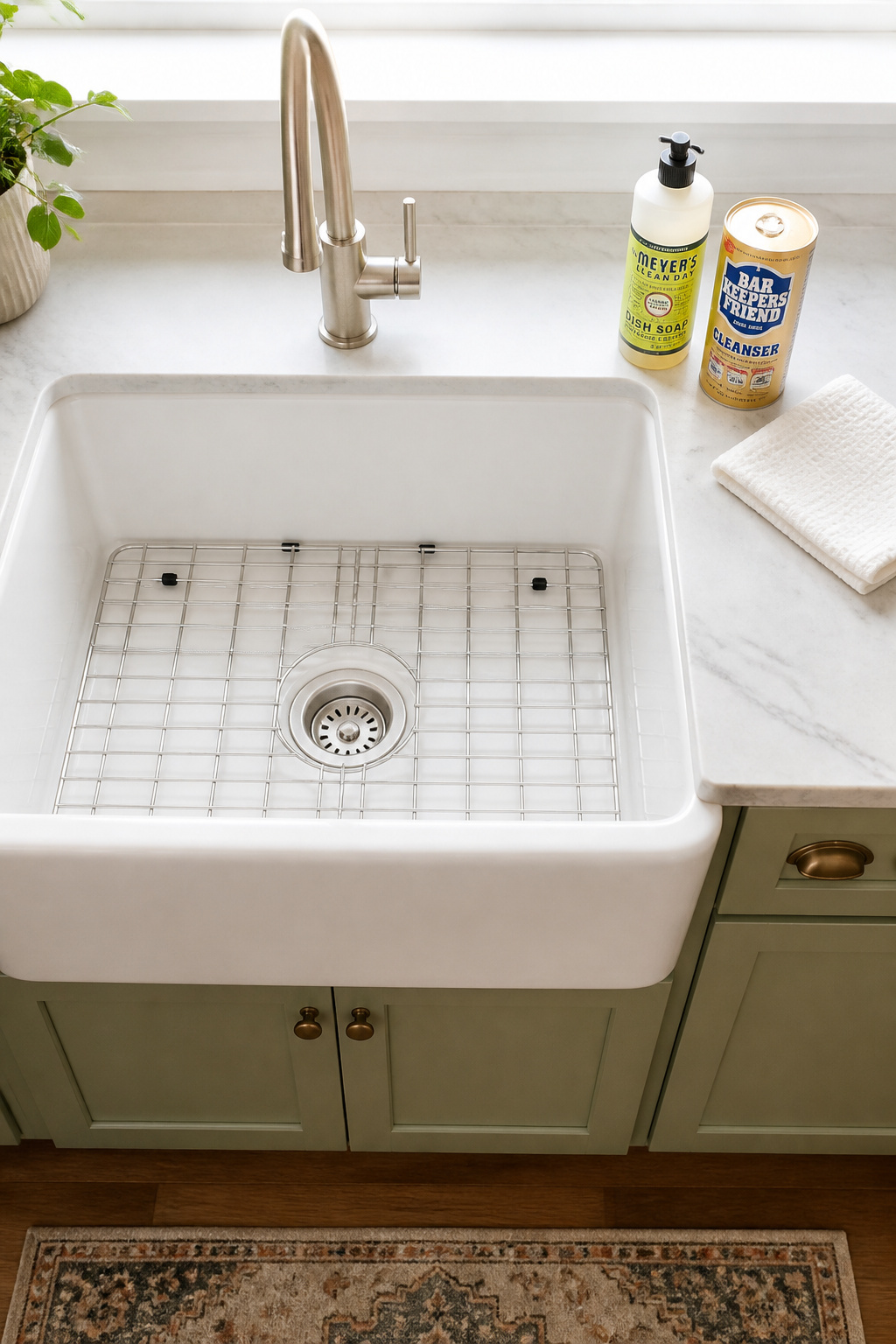 White fireclay farmhouse sink with sink grid and safe cleaning supplies for maintenance