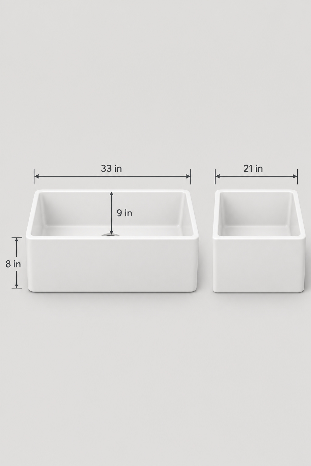 Farmhouse sink dimension diagram showing width, apron height, basin depth, and front-to-back measurements
