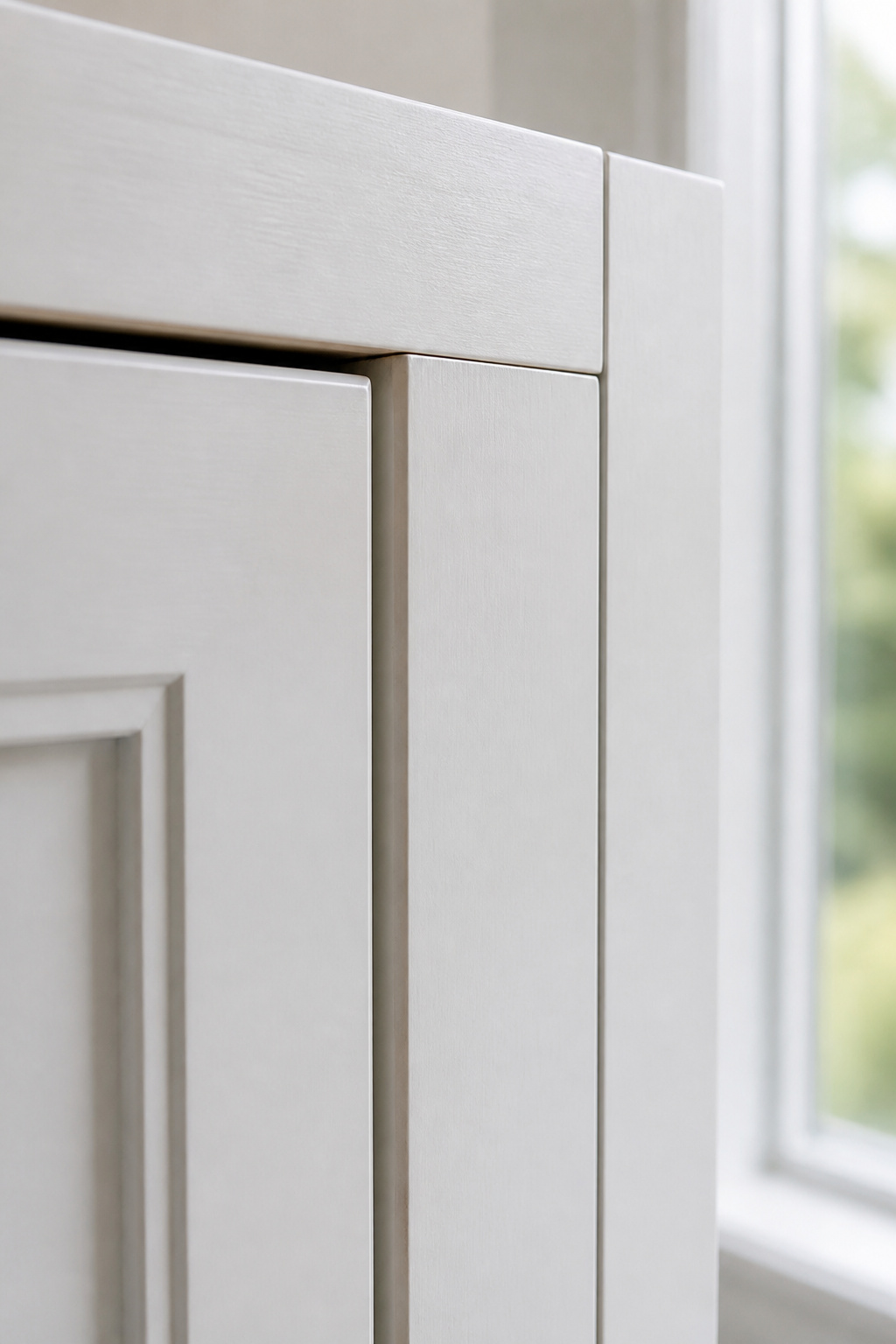 Close-up of a repaired face-frame notch on a white kitchen cabinet where a pre-finished lumber strip fills an over-wide cut for farmhouse sink installation
