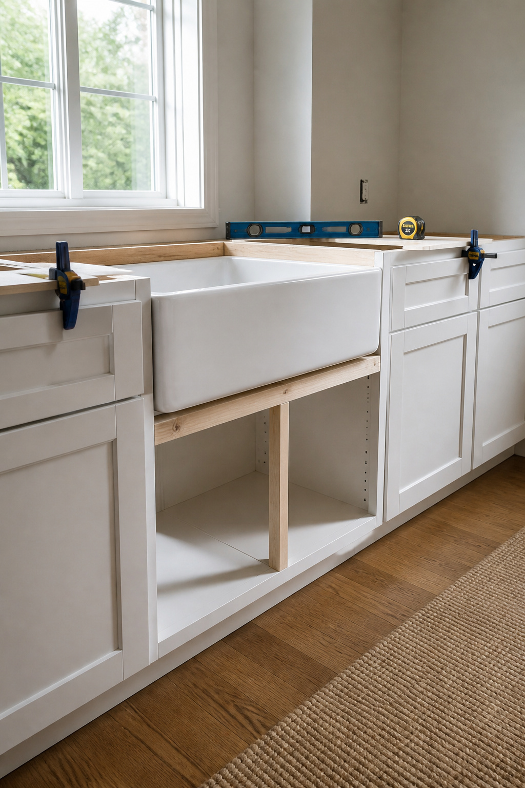 Apron-front farmhouse sink set into a base cabinet during DIY retrofit installation, showing the face-frame notch and 2x4 support frame