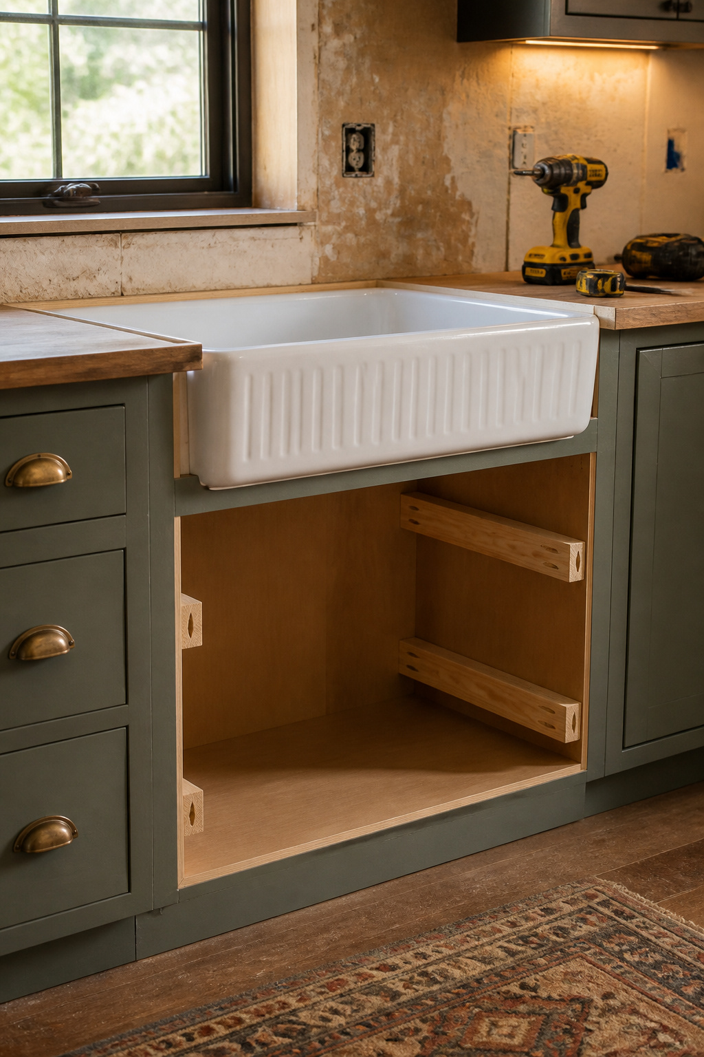 Farmhouse sink installation showing face frame notch and 2x4 support ledger with apron sink in position