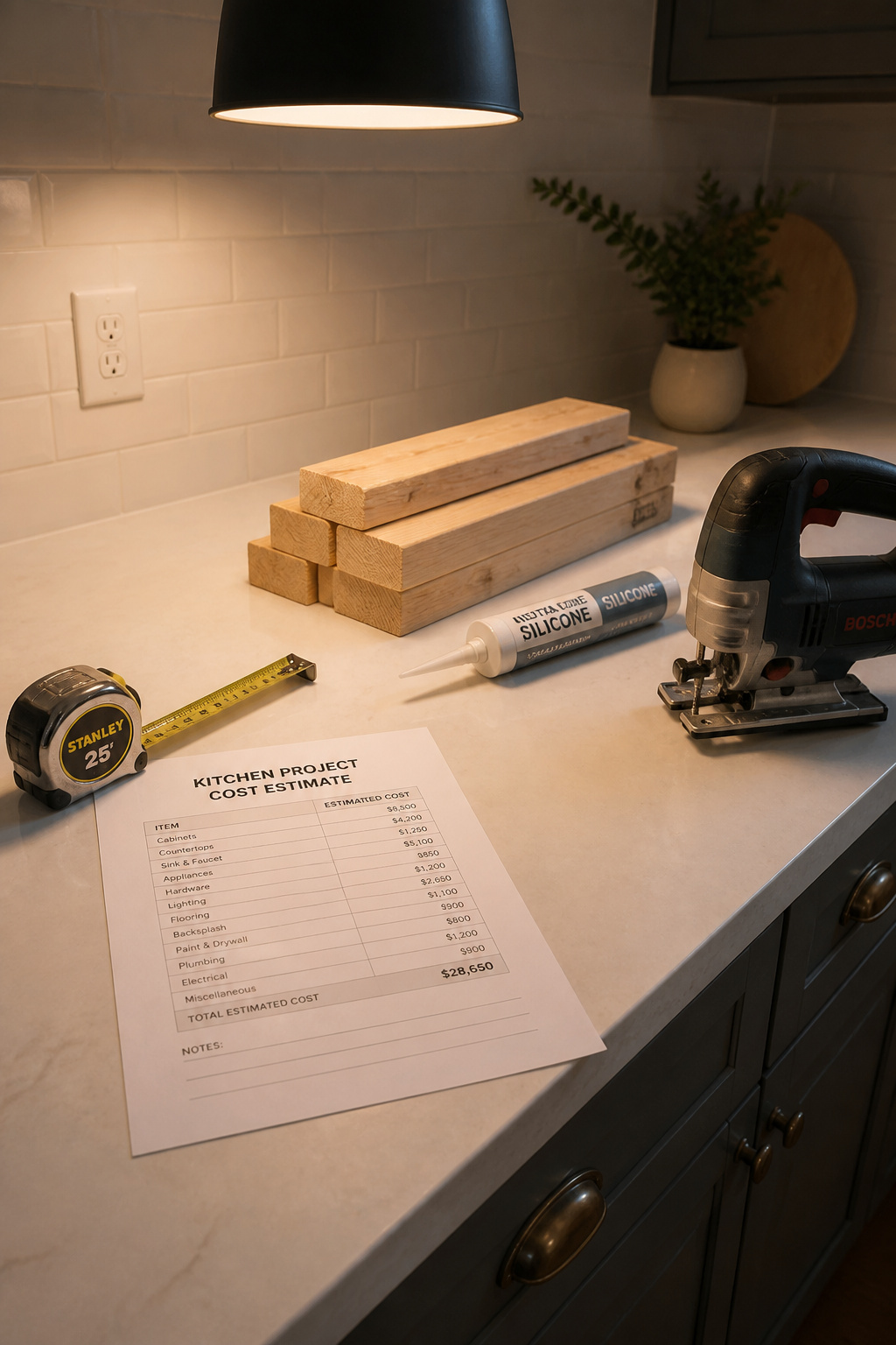Kitchen counter with farmhouse sink installation materials including lumber, silicone sealant, jigsaw, and a cost estimate sheet