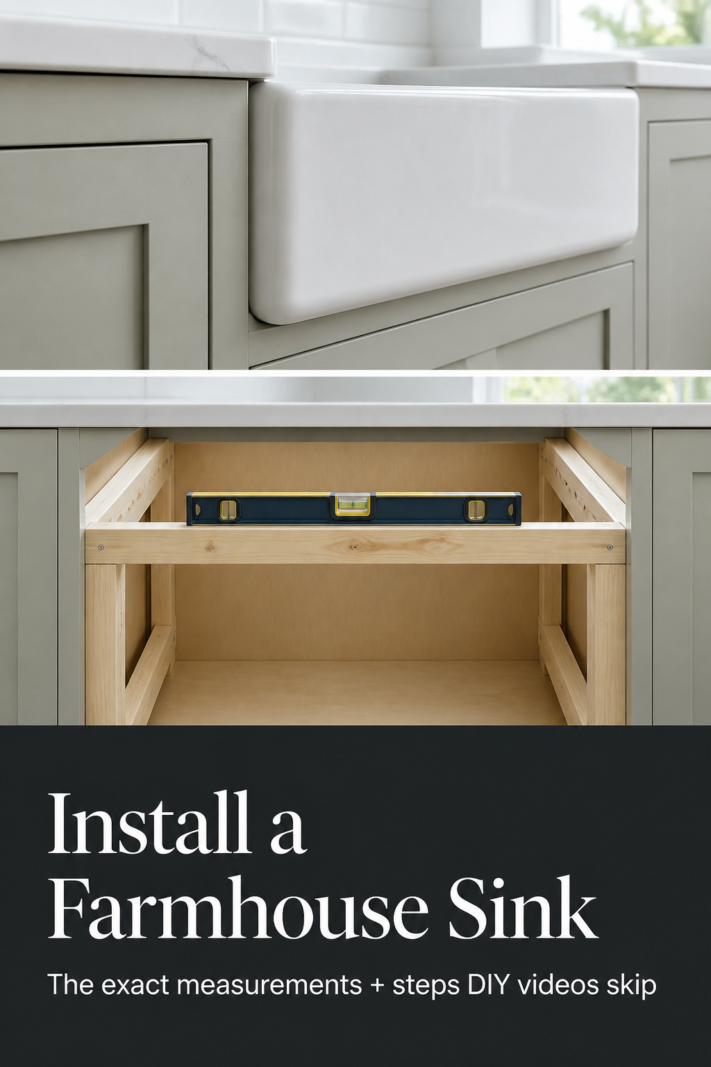 Pinterest collage showing farmhouse sink installation steps including cabinet notch and 2x4 support frame with headline text overlay
