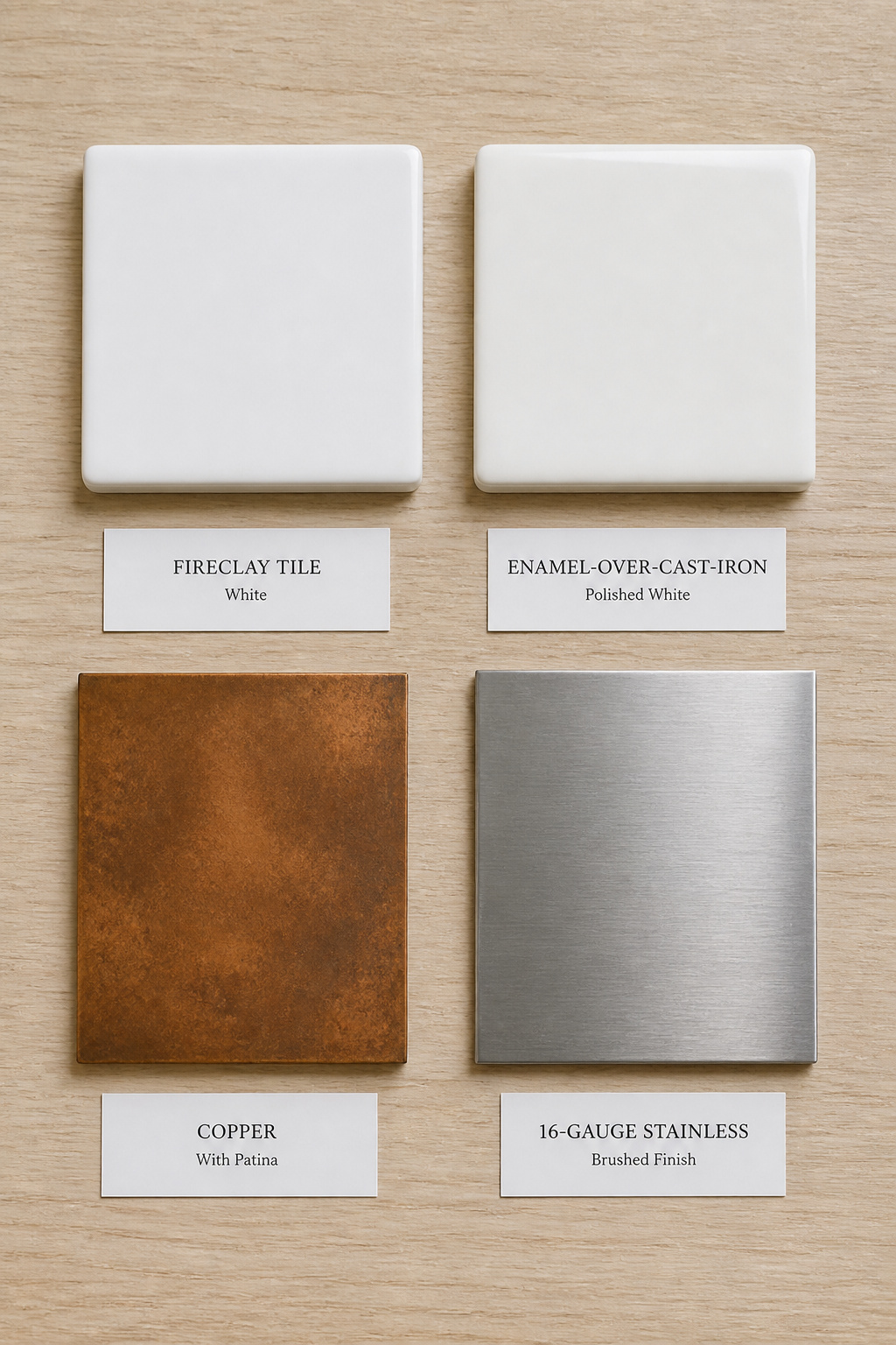 Farmhouse sink material comparison showing fireclay, enamel cast iron, copper, and stainless steel swatches