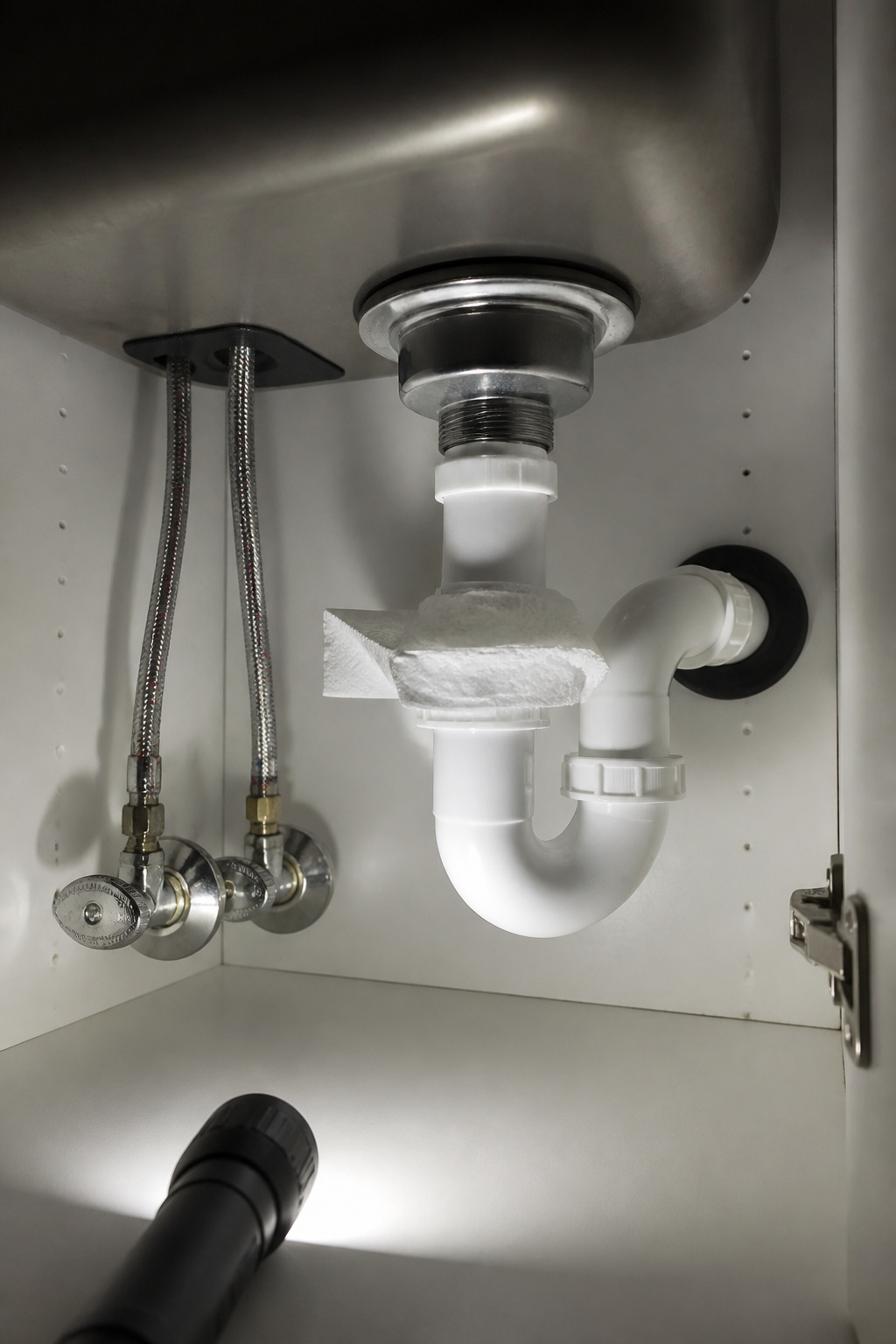 Under-sink view of supply lines, P-trap connections, and a white paper towel used for leak detection after farmhouse sink installation