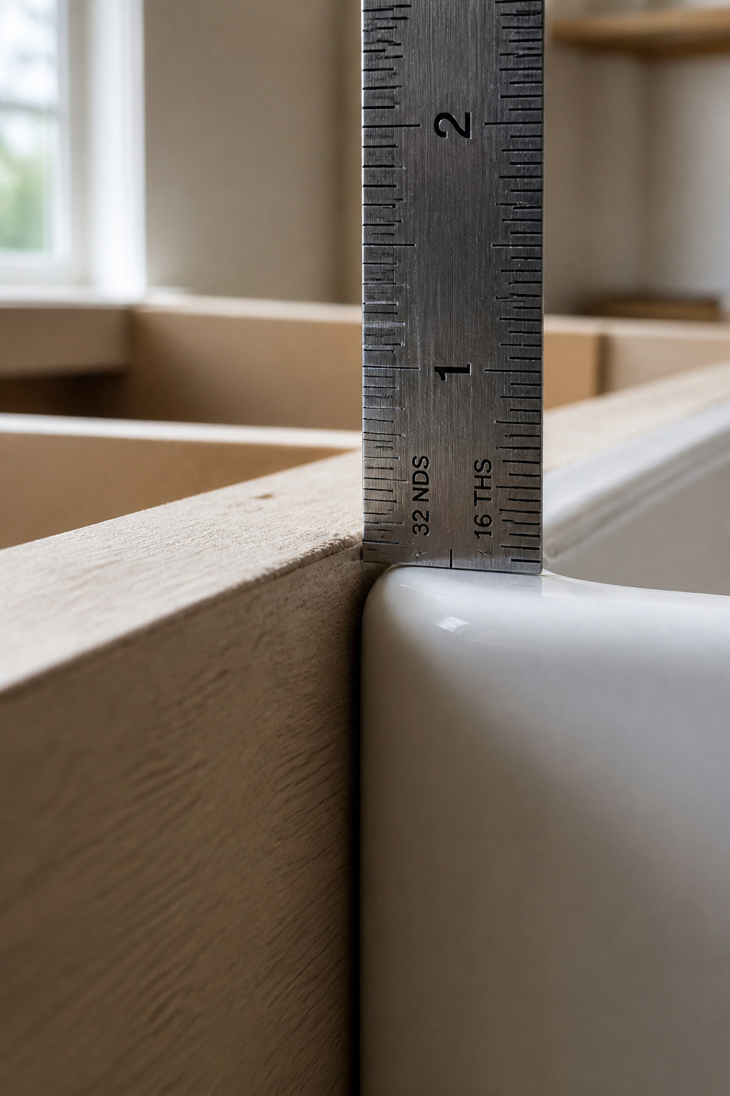 Steel ruler showing the 1/8-inch gap between the farmhouse sink rim and the cabinet top rail during dry-fit height check