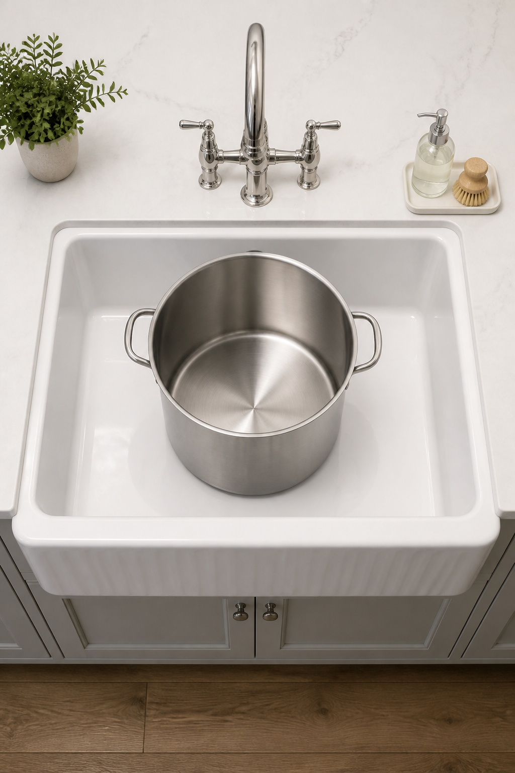 Single bowl farmhouse sink with large stock pot demonstrating basin capacity