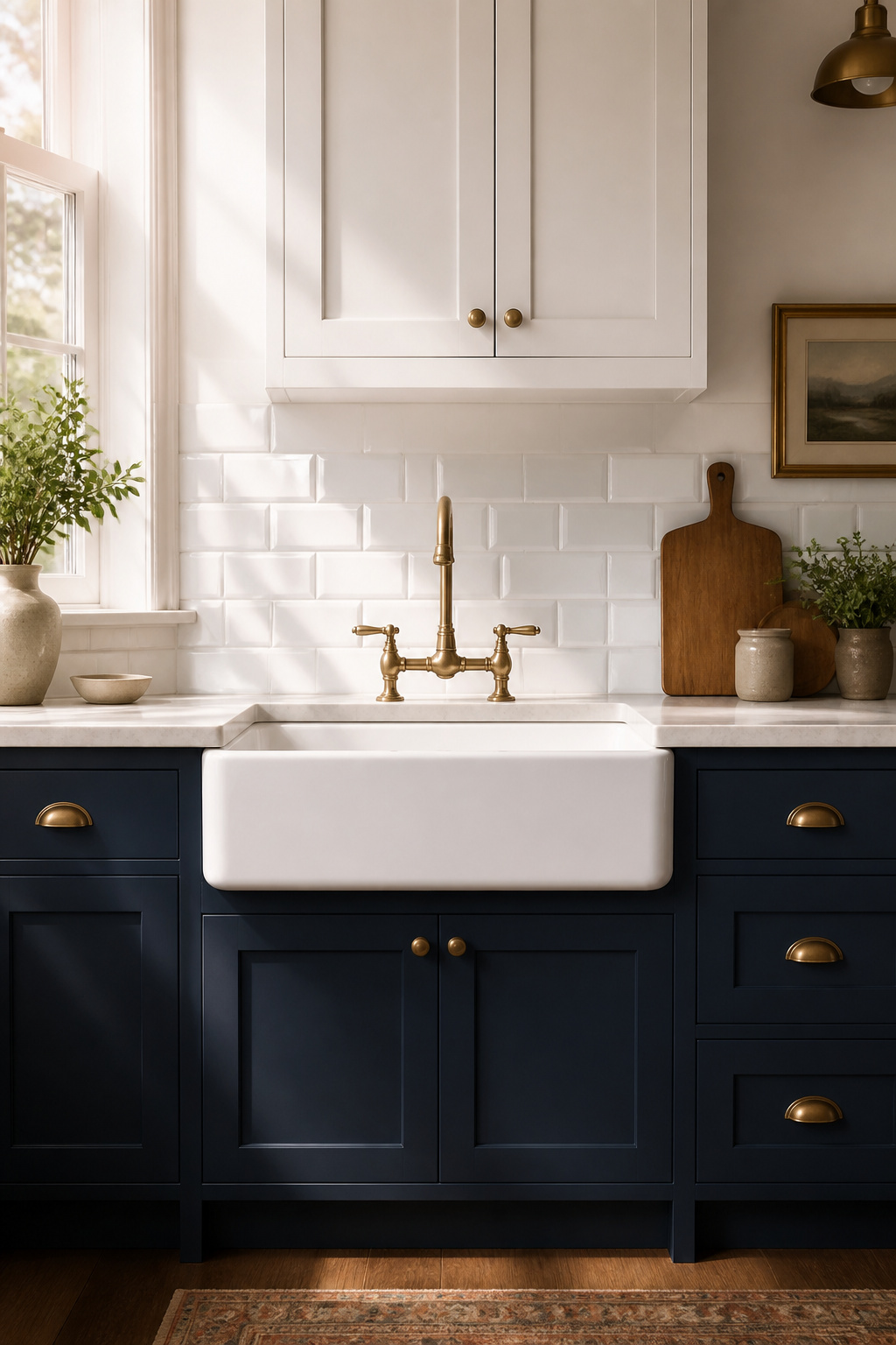 White fireclay farmhouse sink in two-tone navy and white kitchen with brass bridge faucet and hardware
