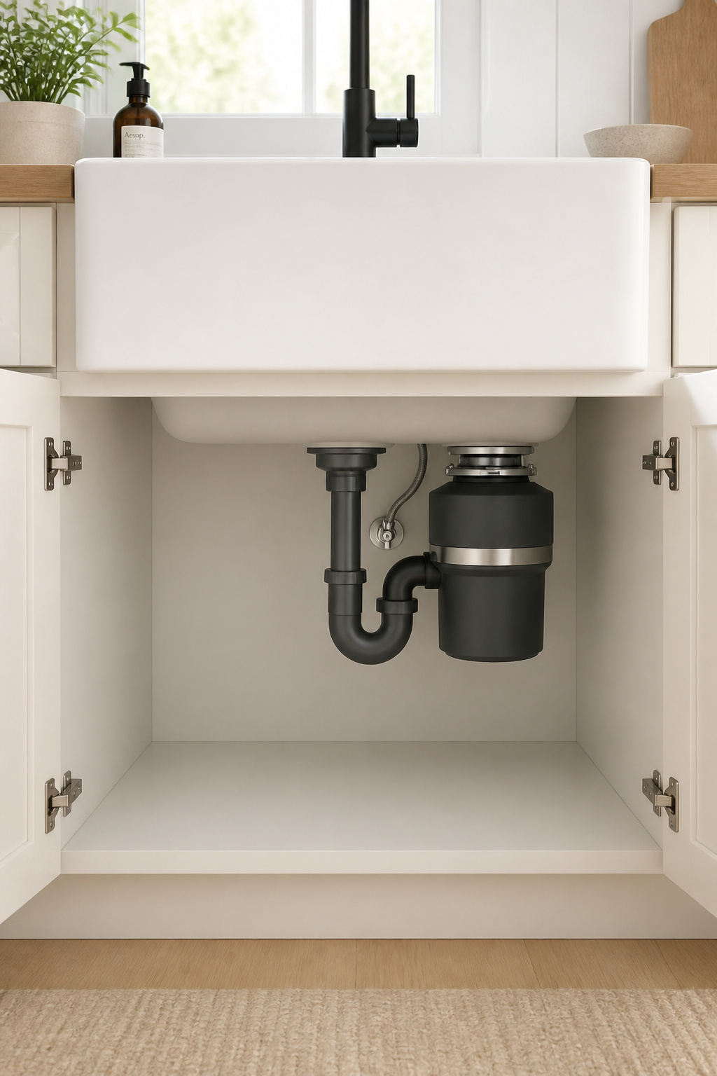 Under-sink view of a single bowl farmhouse sink cabinet showing single drain P-trap and garbage disposal