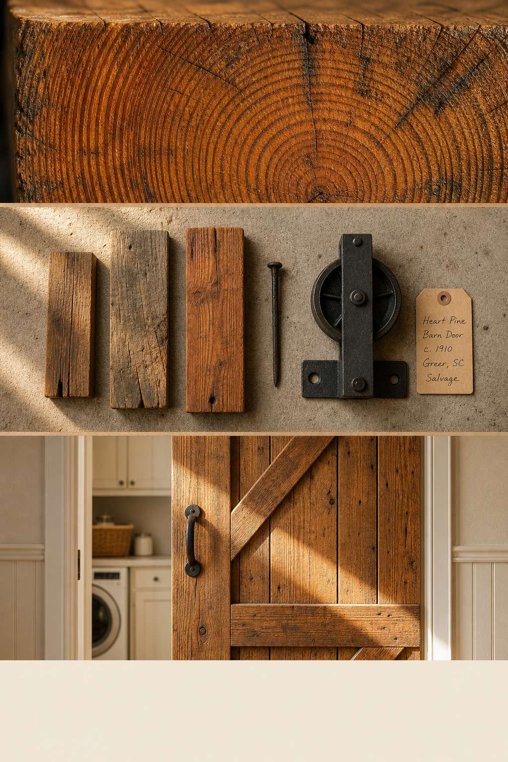 Pinterest collage showing reclaimed wood grain close-up, salvage yard finds including cast iron hardware, and a finished Z-brace barn door on a laundry room opening