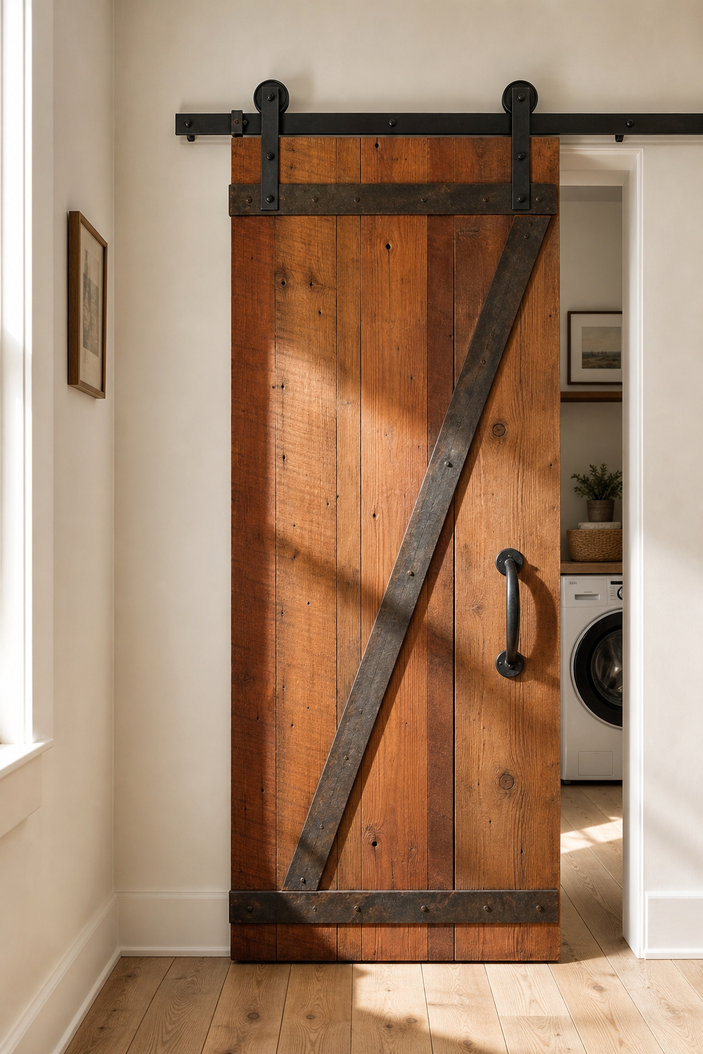Reclaimed heart pine Z-brace barn door on a laundry room opening, with matte black cast iron roller hardware and D-pull handle on a white hallway wall