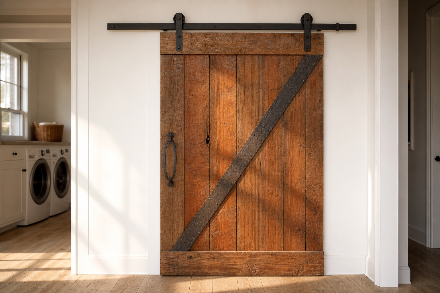 Reclaimed heart pine Z-brace barn door on a laundry room opening, with matte black cast iron roller hardware and D-pull handle on a white hallway wall