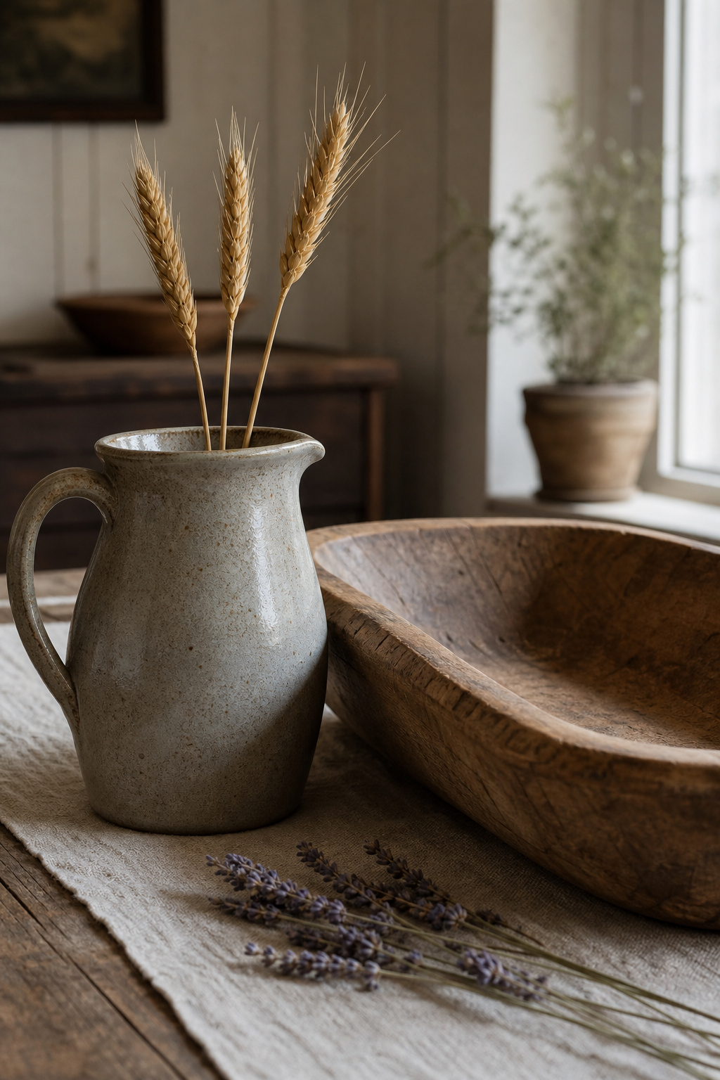 Matte salt-glaze stoneware pitcher with dried wheat stalks alongside a hand-carved wooden dough bowl on a natural linen farmhouse table runner
