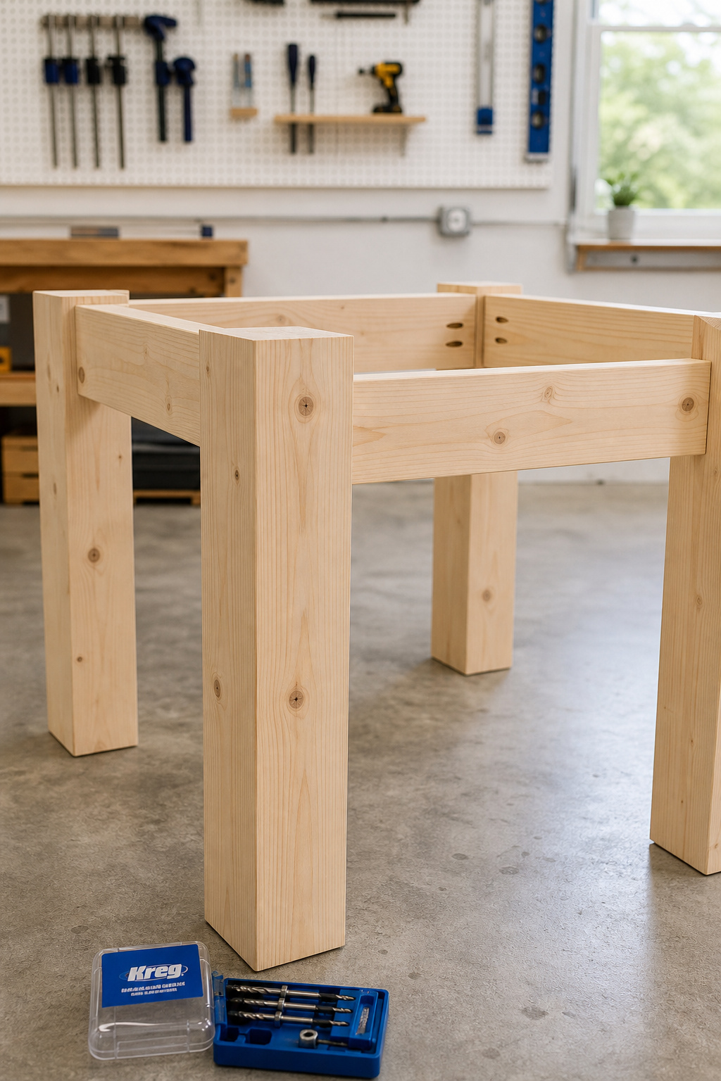Completed farmhouse table base with four pine legs and apron joined by pocket screws, sitting on a workshop floor before the top is attached