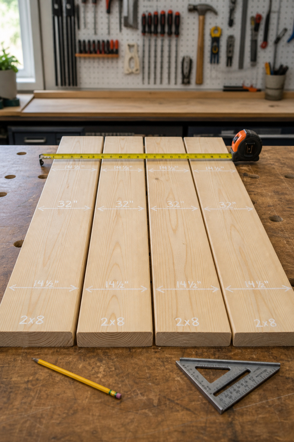 Four pine 2x8 boards laid side-by-side on a workbench with chalk measurement marks and a tape measure, ready for tabletop glue-up