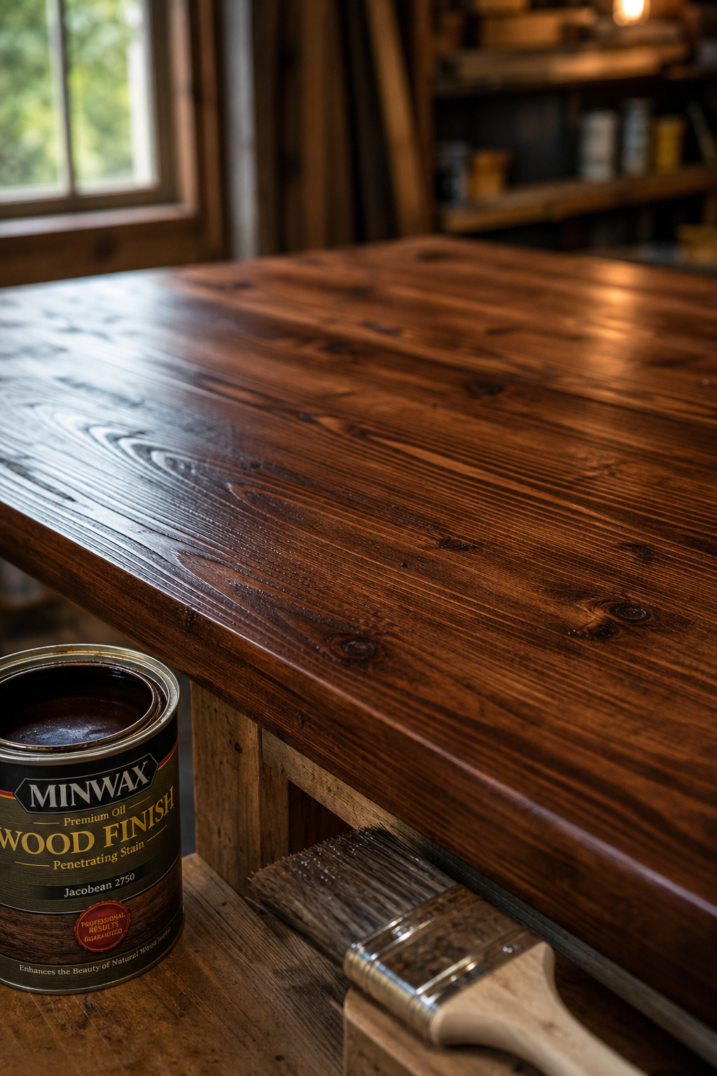 Close-up of a pine tabletop with dark walnut stain applied, showing the open grain pattern and a brush resting on the edge
