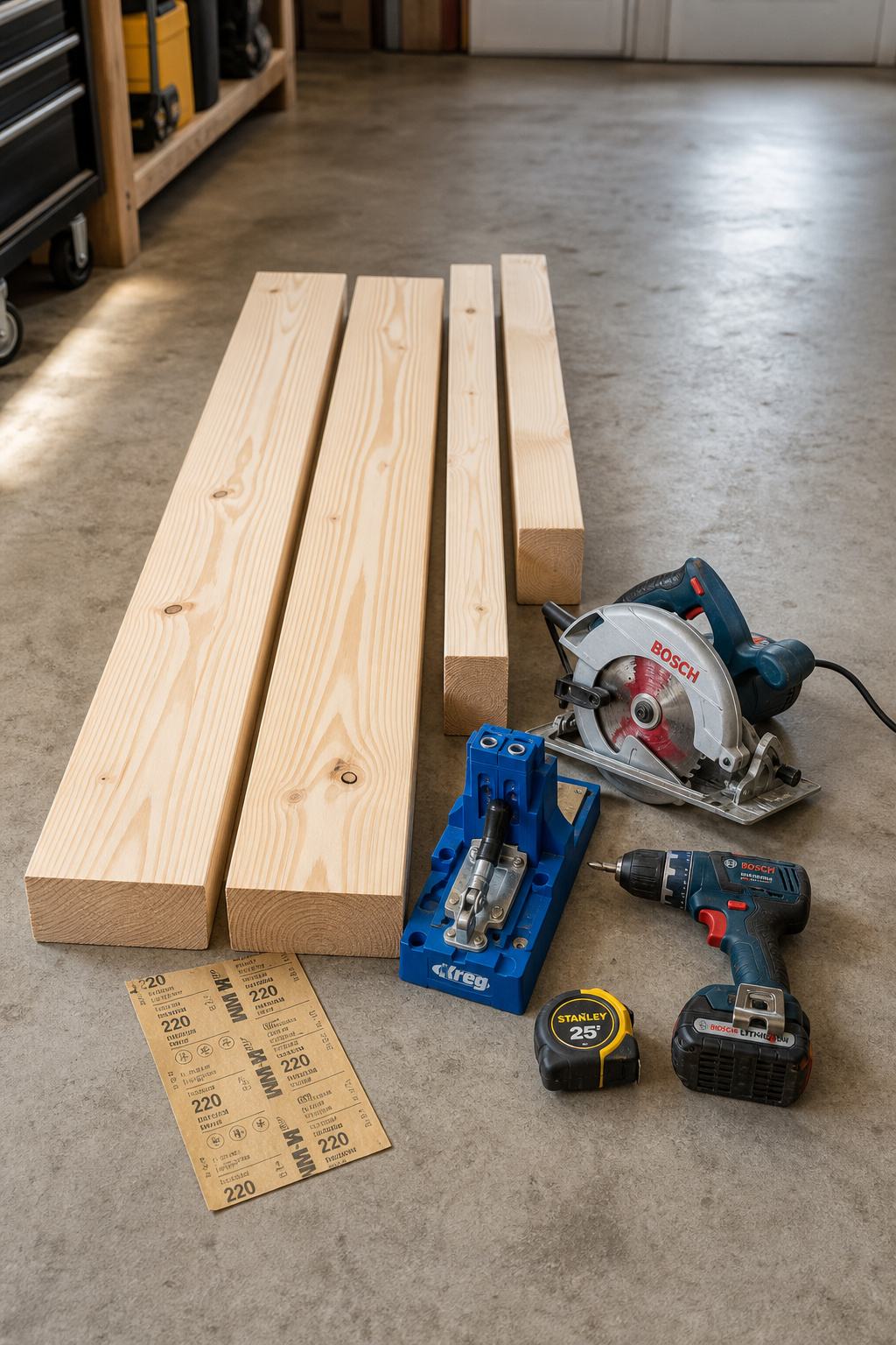 Pine boards, a circular saw, Kreg jig, drill, and tape measure arranged on a garage floor ready for a farmhouse table build