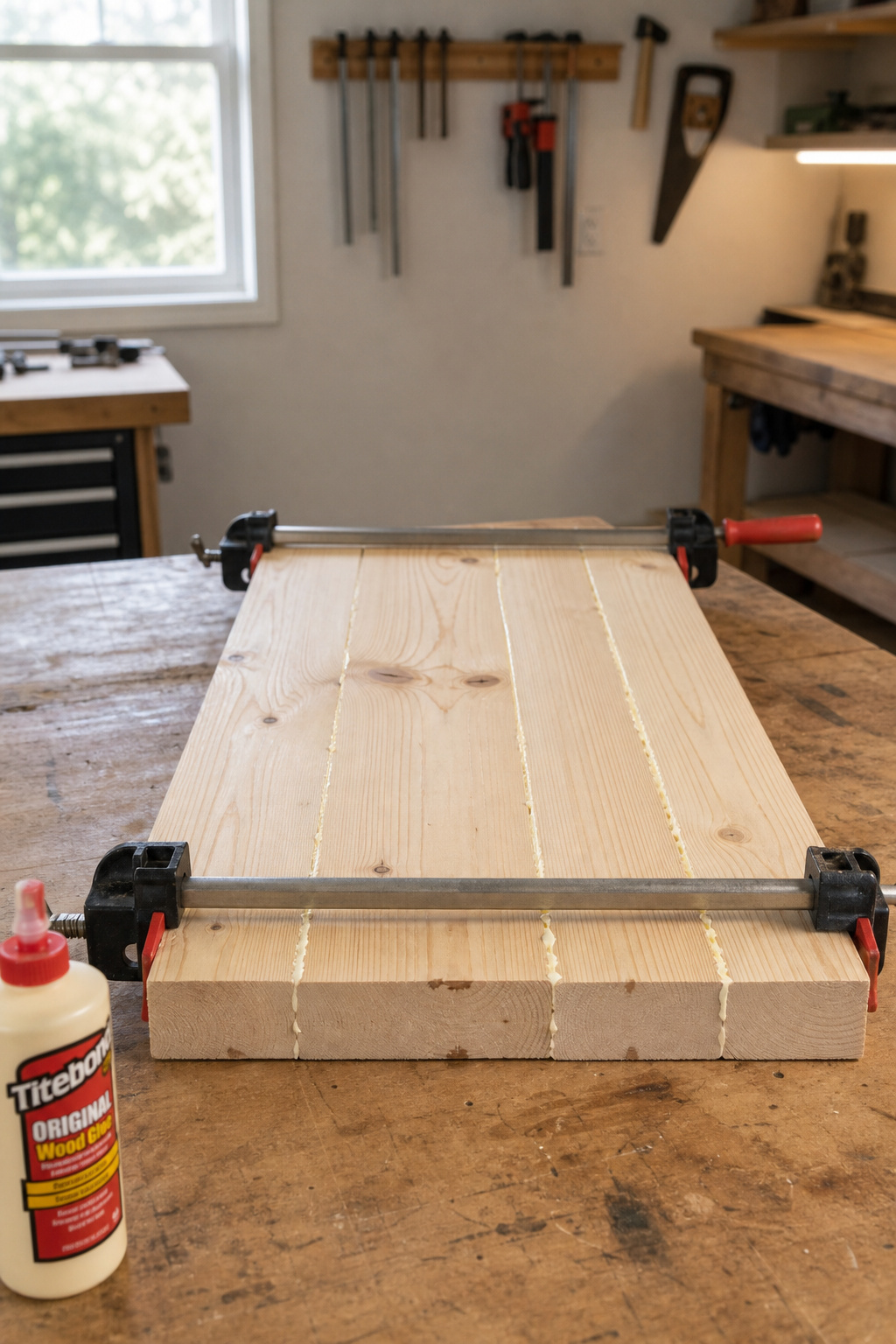Four pine boards clamped together in a tabletop glue-up on a workbench, with bar clamps tightening the joints and glue squeeze-out visible