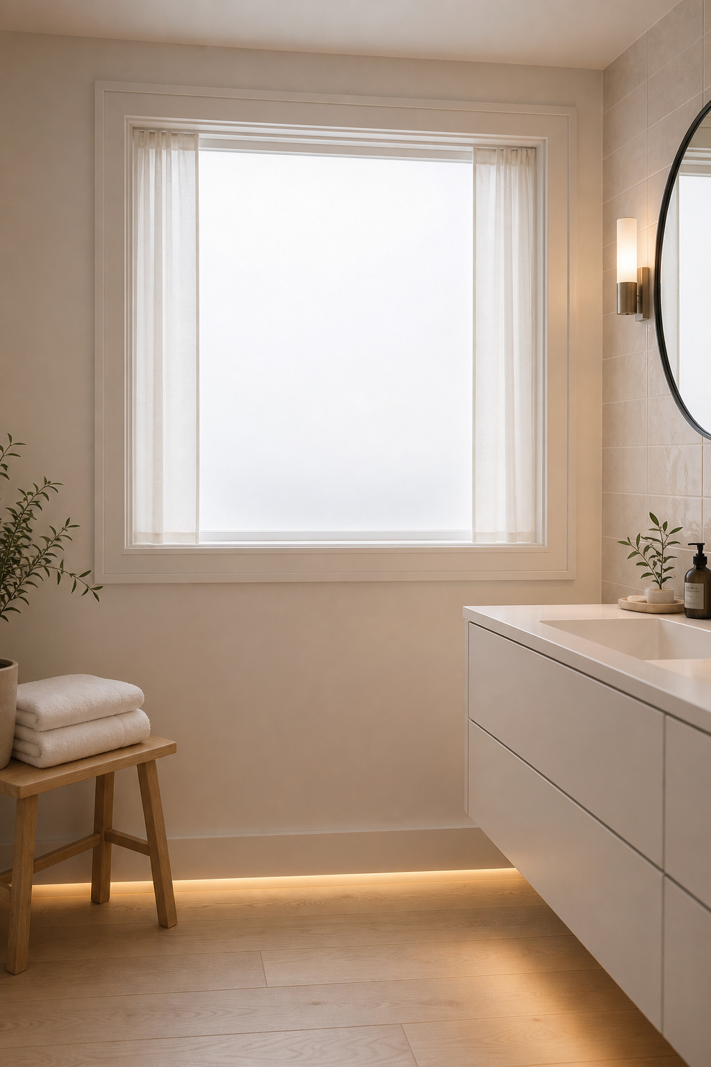 Windowless bathroom with DIY faux window — backlit frosted LED panel in white trim frame emitting daylight-quality 4000K glow beside pale gloss tile wall