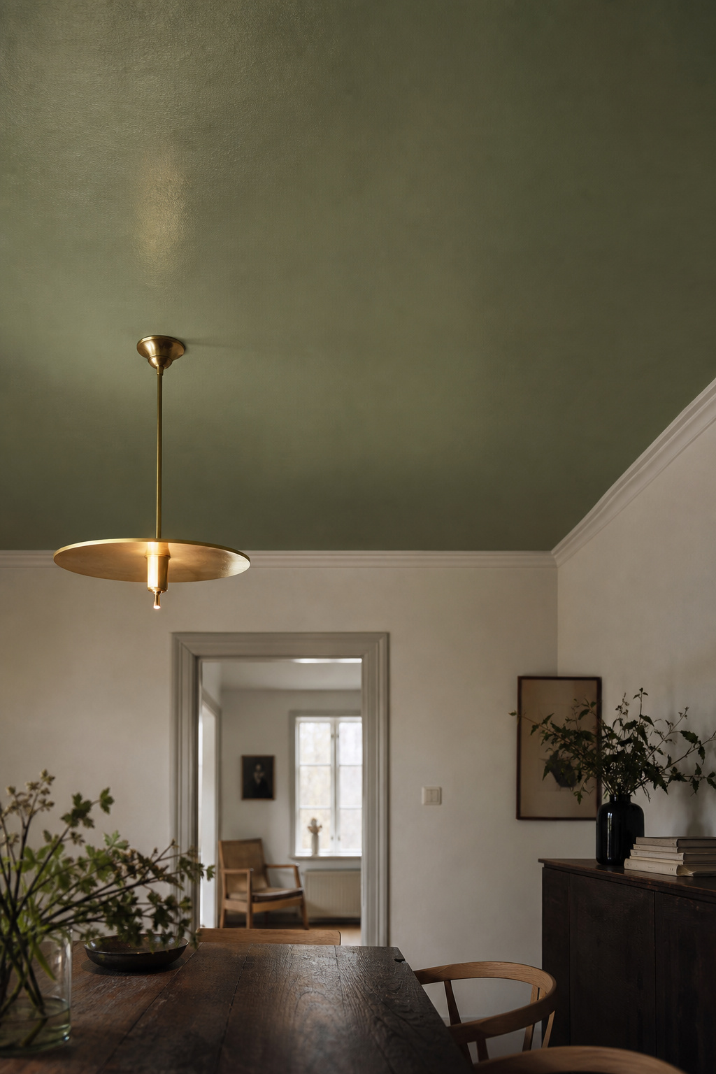 Dining room ceiling painted sage green viewed from below with warm pendant light