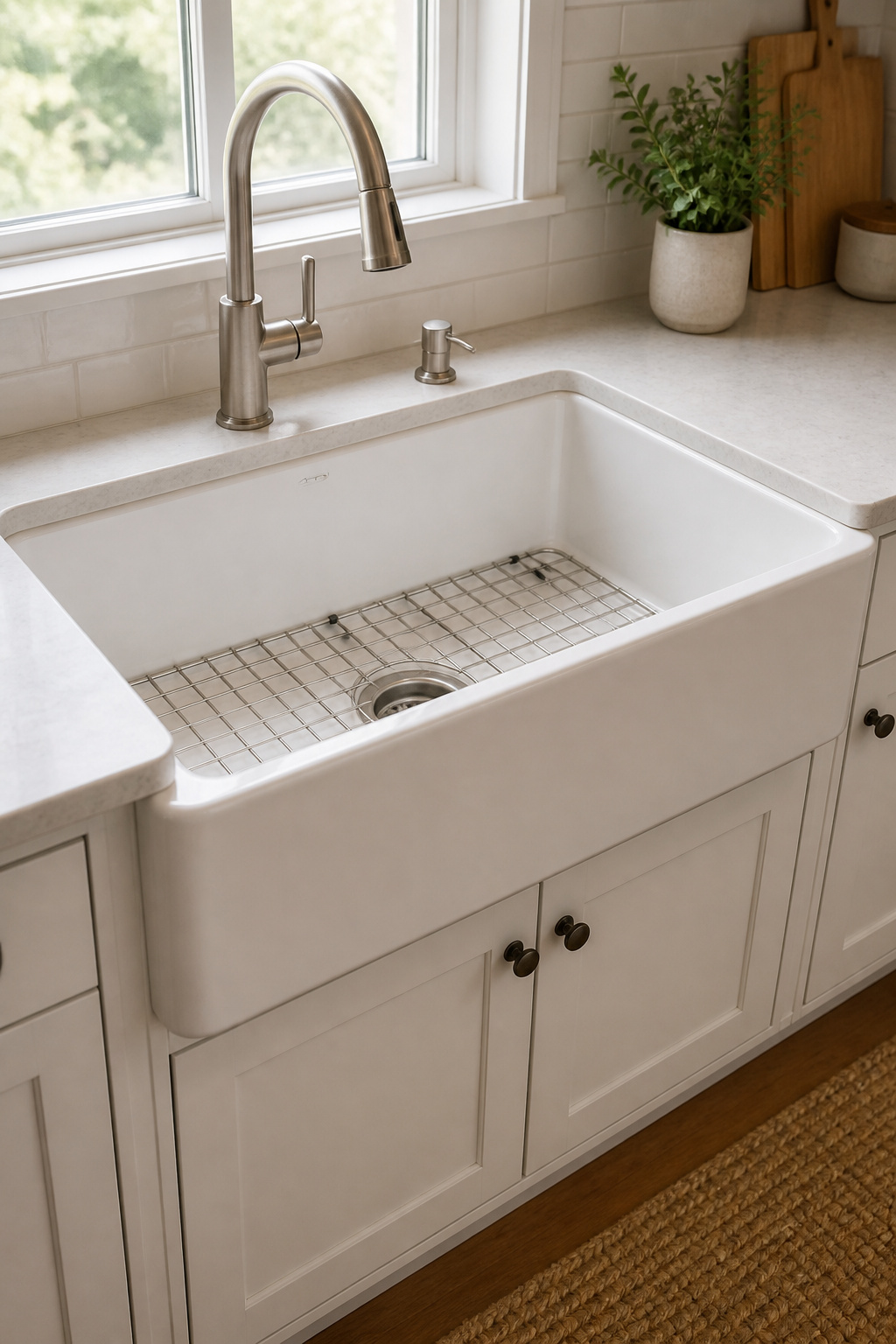 White fireclay farmhouse sink with protective wire grid installed in white shaker kitchen cabinetry
