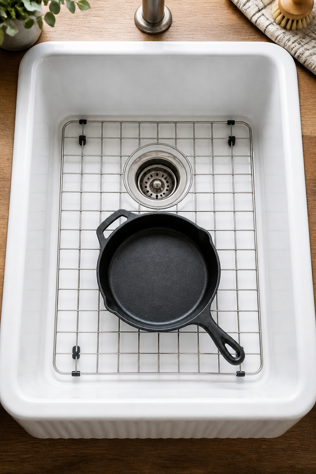 Stainless steel sink grid installed in a white fireclay farmhouse sink with cast iron skillet resting on the grid
