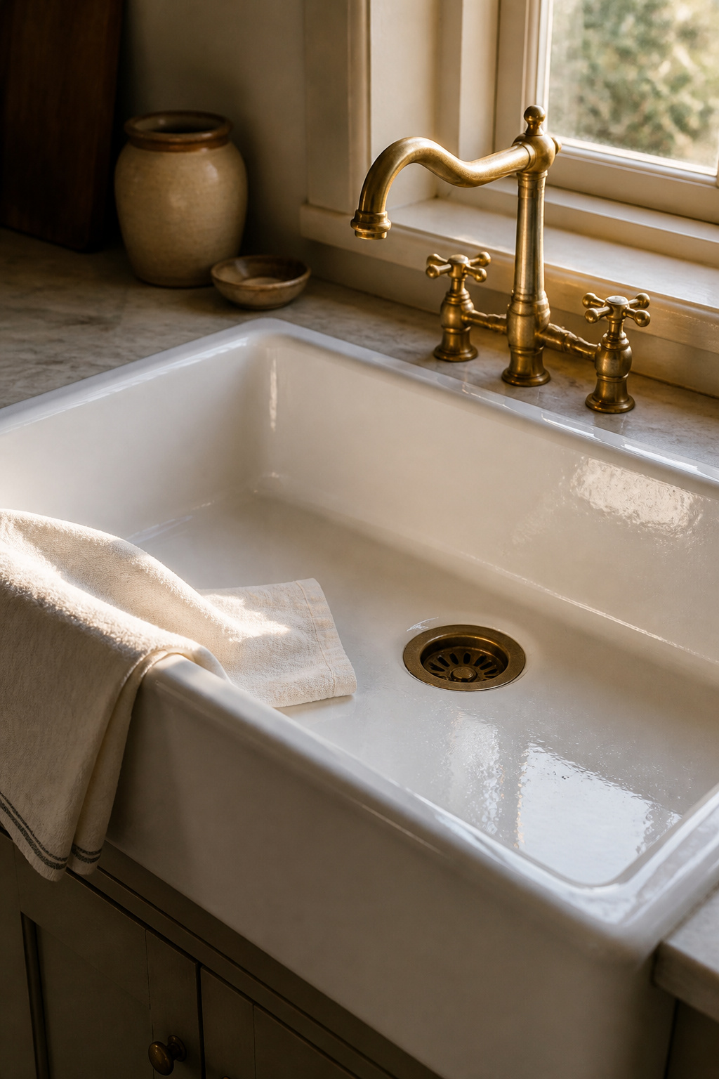 White fireclay farmhouse sink basin being dried with a white linen cloth as part of daily care routine