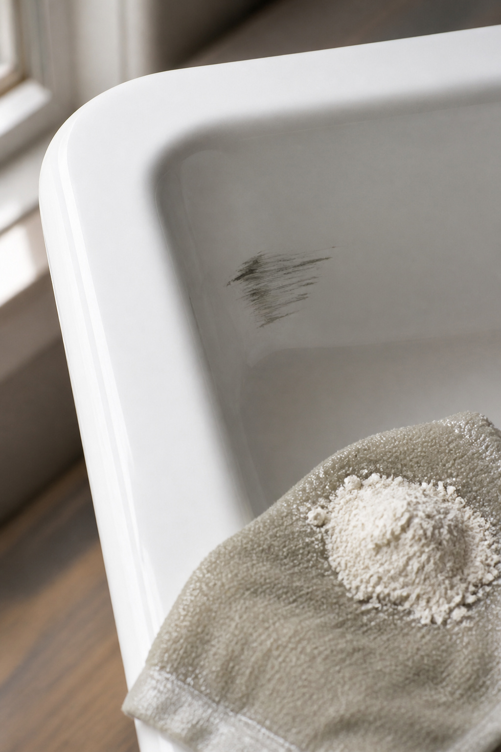 Grey metal scuff mark on white fireclay sink surface next to Bar Keepers Friend powder on a damp cloth