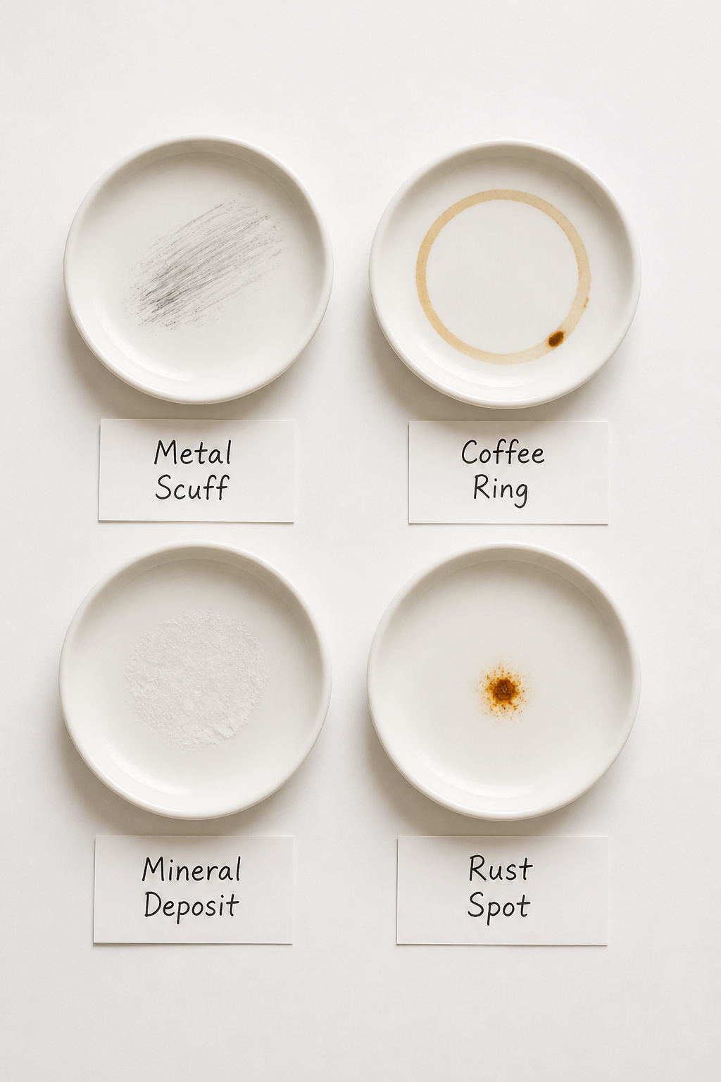 Flat lay of four ceramic dishes showing different fireclay sink stain types: metal mark, coffee stain, mineral deposit, and rust spot