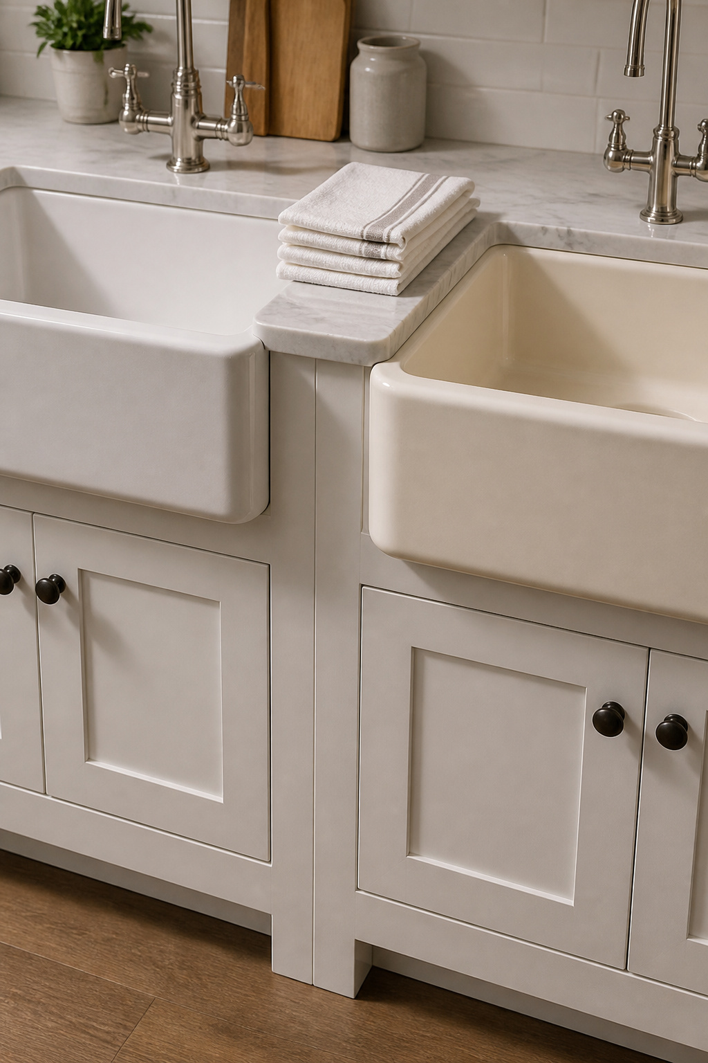Fireclay farmhouse sink and cast iron farmhouse sink compared side by side in a white kitchen cabinet